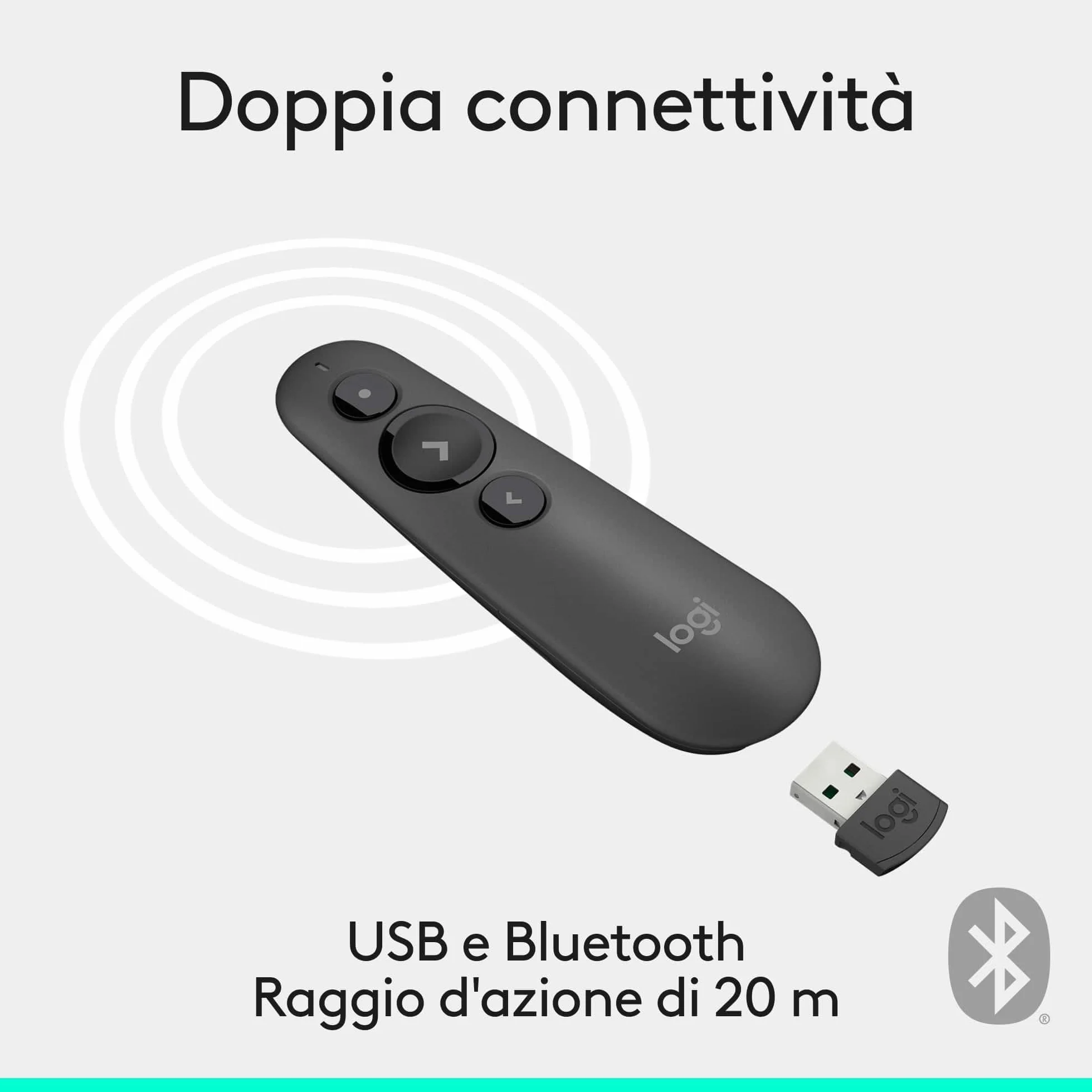 Logitech R500s Telecomando per presentazioni laser di classe 1 USB e Bluetooth - Compatibilità universale, raggio d'azione di 20 m, personalizzabile – Grigio scuro