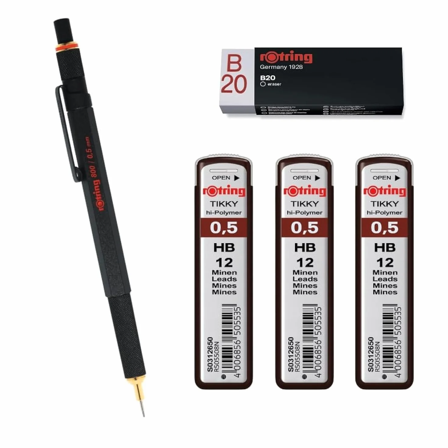 rOtring Matita meccanica 800 0,5 mm 1904447 – nero | 3 ricariche di mine Tikky, HB – 0,5 mm | Gomma B20