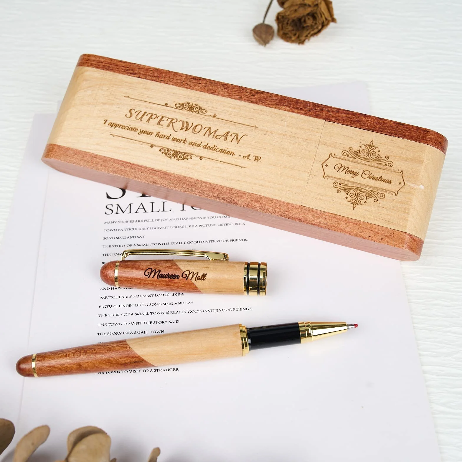 Set di penne in legno incise, penna esecutiva e scatola con personalizzazione gratuita, penna a sfera con custodia per regalo (B)