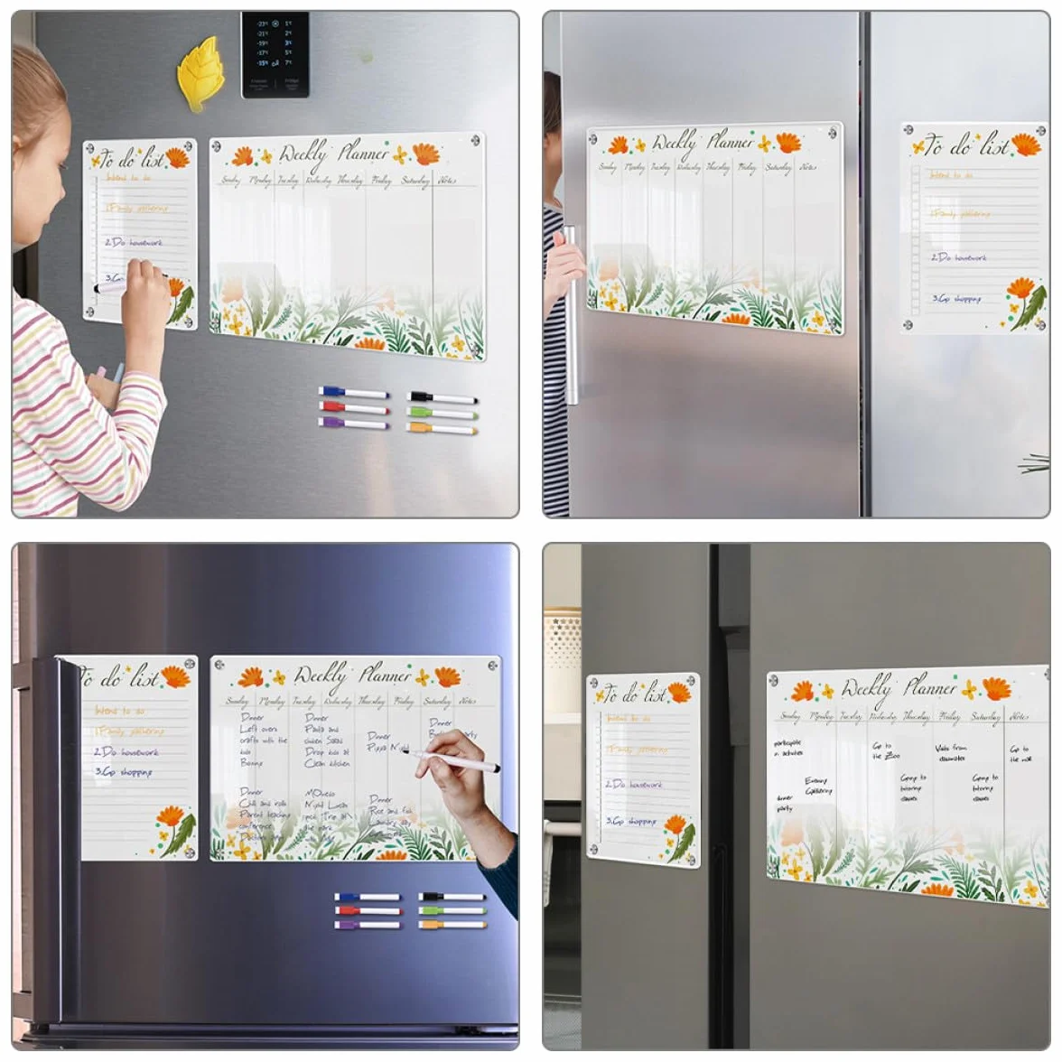 Calendario Settimanale Magnetico per Frigorifero Lavagna Acrilica Cancellabile a Secco Bordo Floreale Trasparente Set 8 Pezzi A3+a4 per Casa, Ufficio e Scuola