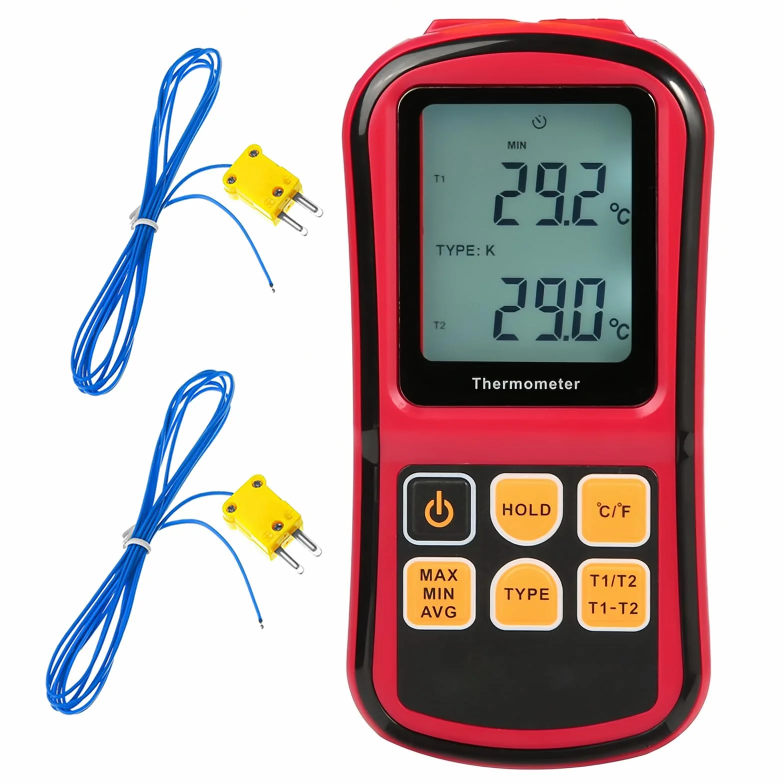 ThreeH Termometro digitale a doppio canale LCD retroilluminato con sonde termocoppia tipo K per K/J/T/E/R/S/N