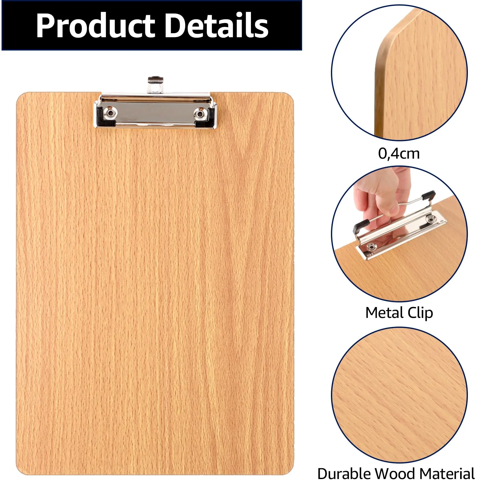 10 portablocco formato A4, in legno, 318 x 225 x 4 mm, in legno A4, con morsetto in metallo e gancio per appendere, formato A4, per ufficio, ristorante, scuola