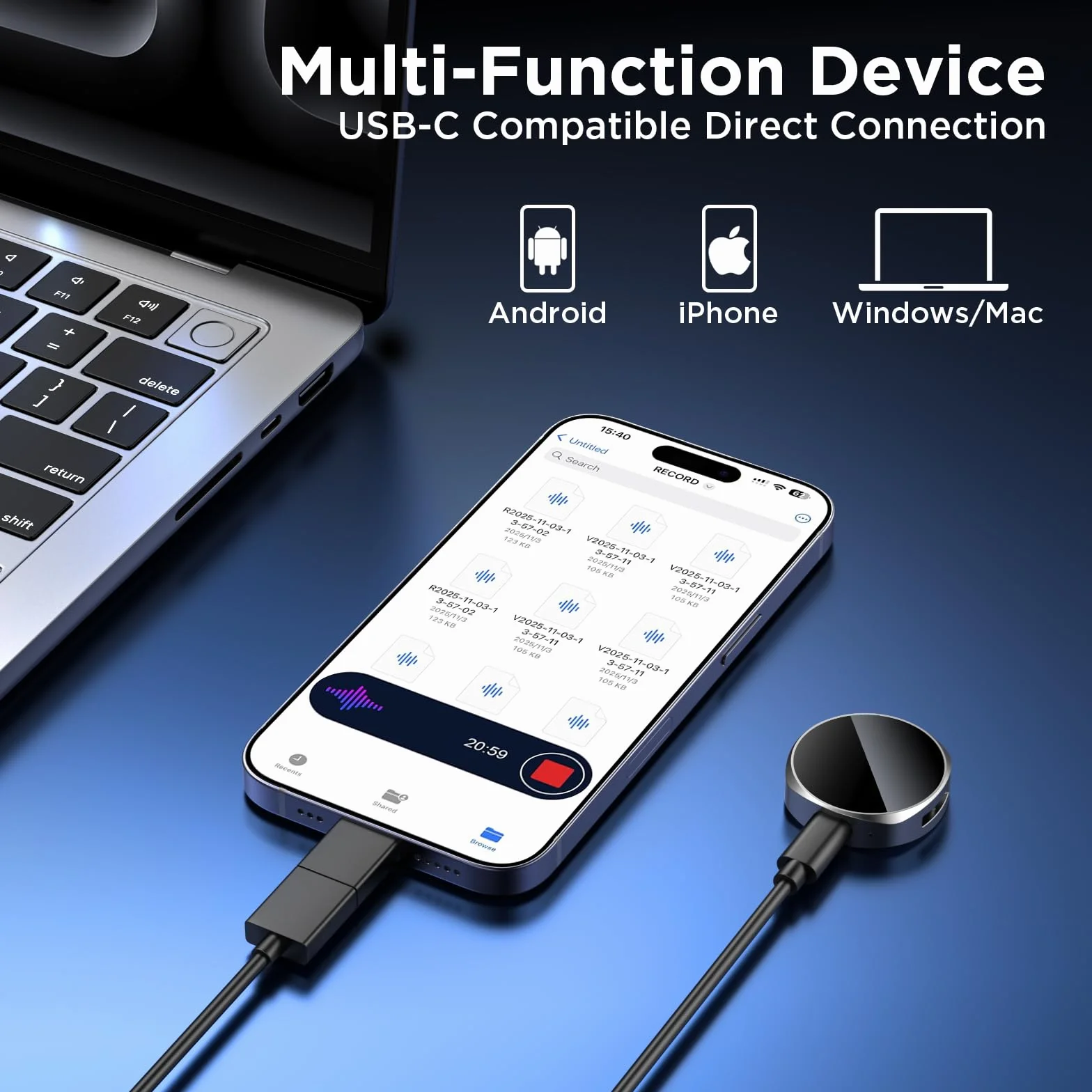 Registratore vocale magnetico da 64 GB, registratore vocale con riduzione intelligente del rumore, dispositivo di registrazione 4800 ore e registratore audio USB-C per lezioni, riunioni, interviste