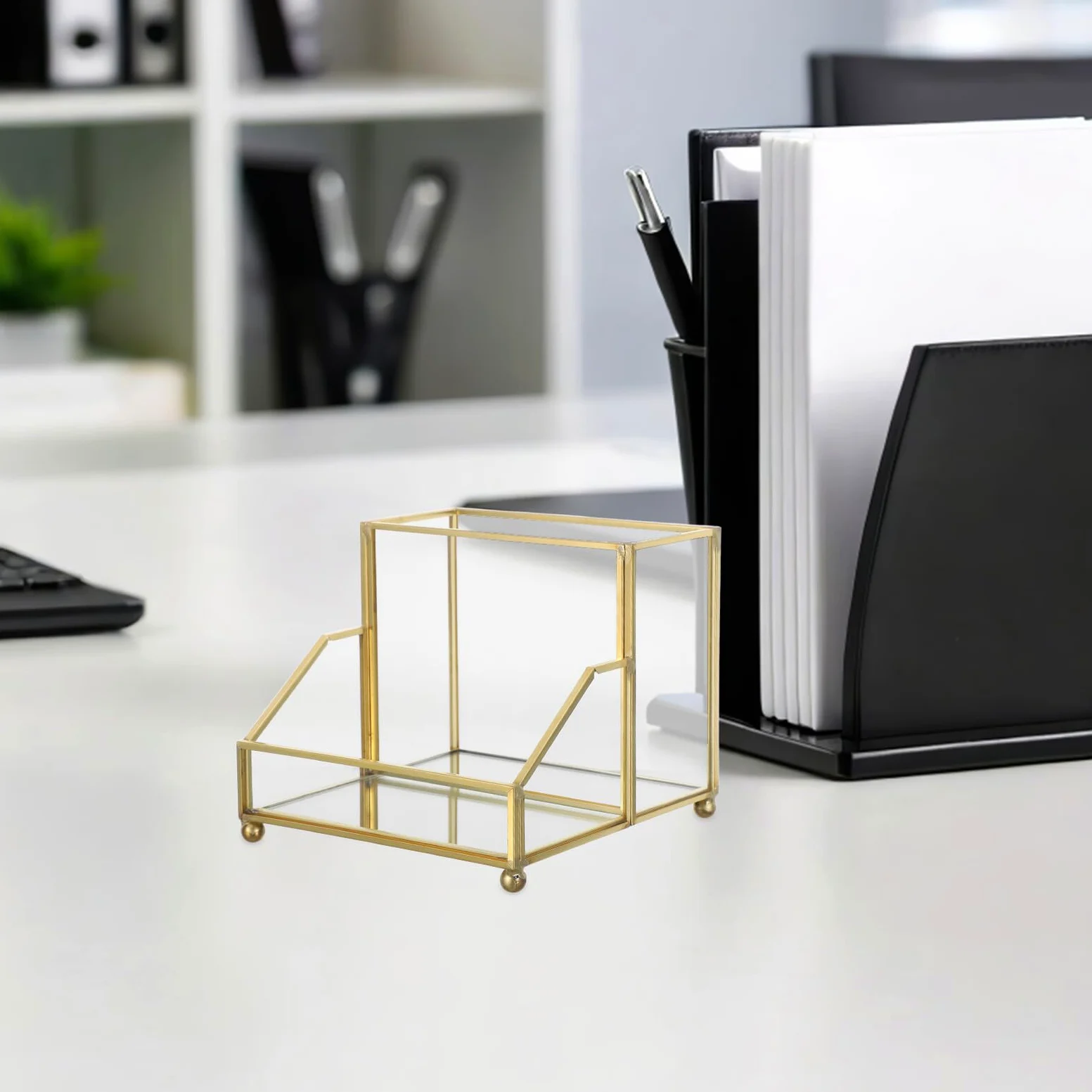 Healeved Porta Biglietti da Visita Verticale con Bordo Oro per Ufficio | Organizer da Scrivania in Vetro e Ferro, per Incontri con Clienti, Scambio Rapido delle Carte