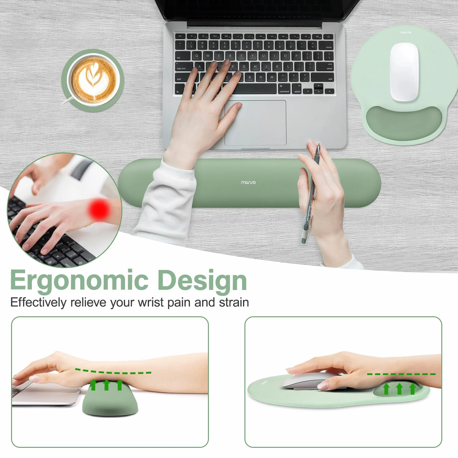 MOSISO Supporto Poggiapolsi Tappetino Mouse Ergonomico Curvo Non-Slip Memory Foam Verde Antico