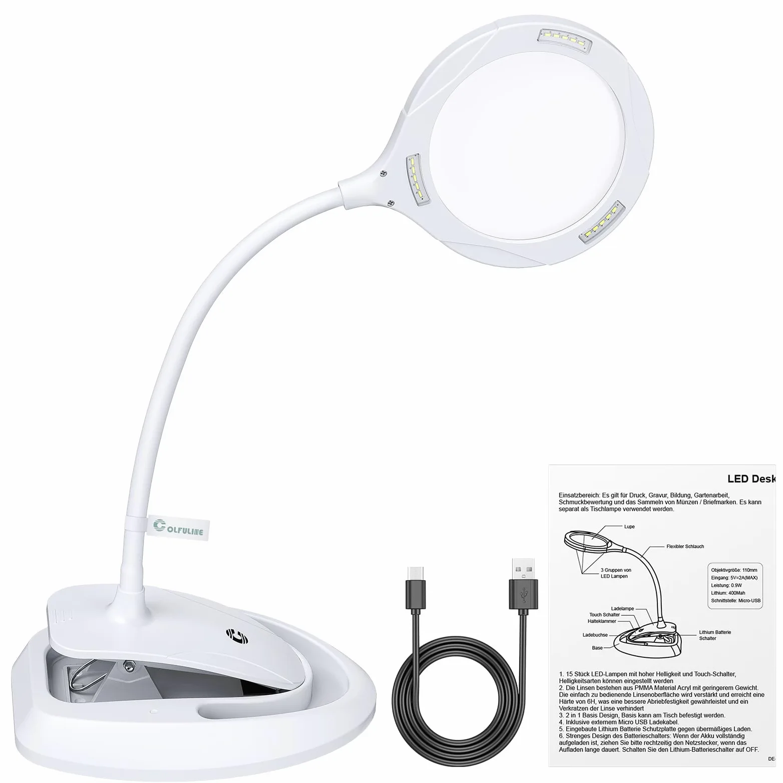 COLFULINE Lente di Ingrandimento con Lampade LED da Tavolo Ingrandimento Professionale 5x e 10x con Base e Morsetto 3 Livelli di Luminosità Regolabili per Lettura Pittura Fai-da-te Modello Manicure