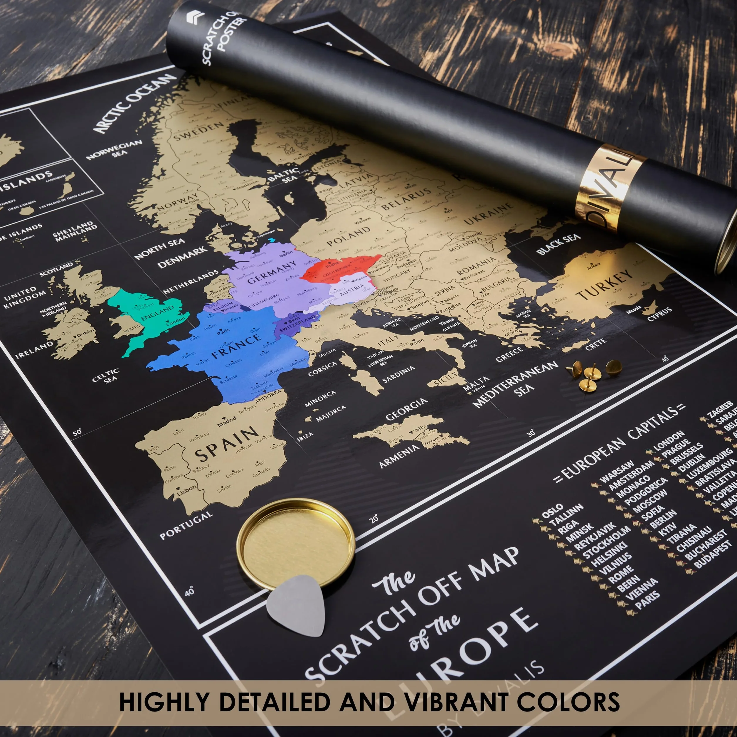 Mappa Europa da Grattare Facile da Incorniciare 60x40 cm – Mappa Europa Gratta – Poster di Viaggio Europa – Mappa Grattabile con Accessori – Travel Map Europe