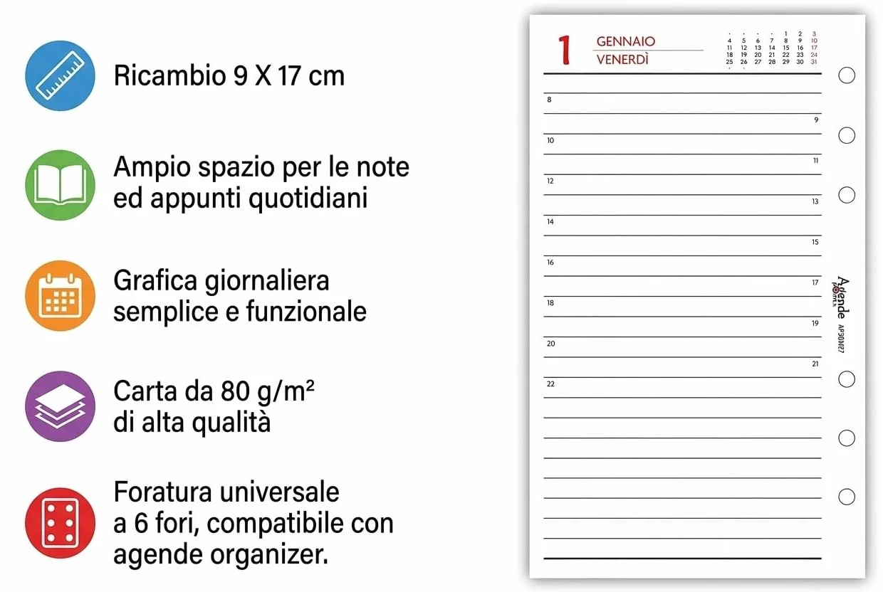 Agenda 2027 Organizer Giornaliera a Righe 9,5x17 cm 6 Fori Carta Bianca 80gr Bianco e Rosso