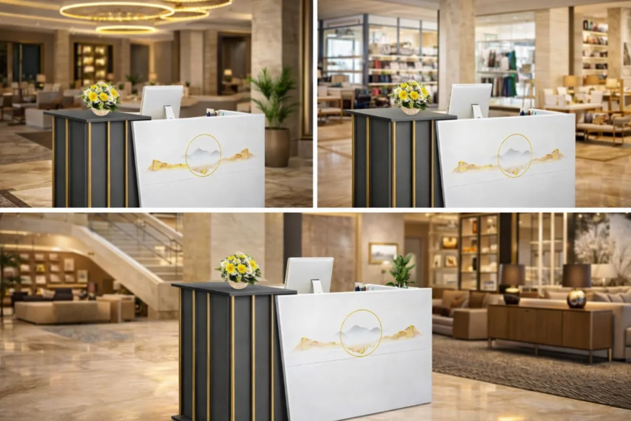 Bancone Reception Multiuso in Legno con 2 Cassetti e 2 Ripiani, Banco Cassa Moderno per Ufficio, Negozio, Salone di Bellezza, Hotel o Supermercato