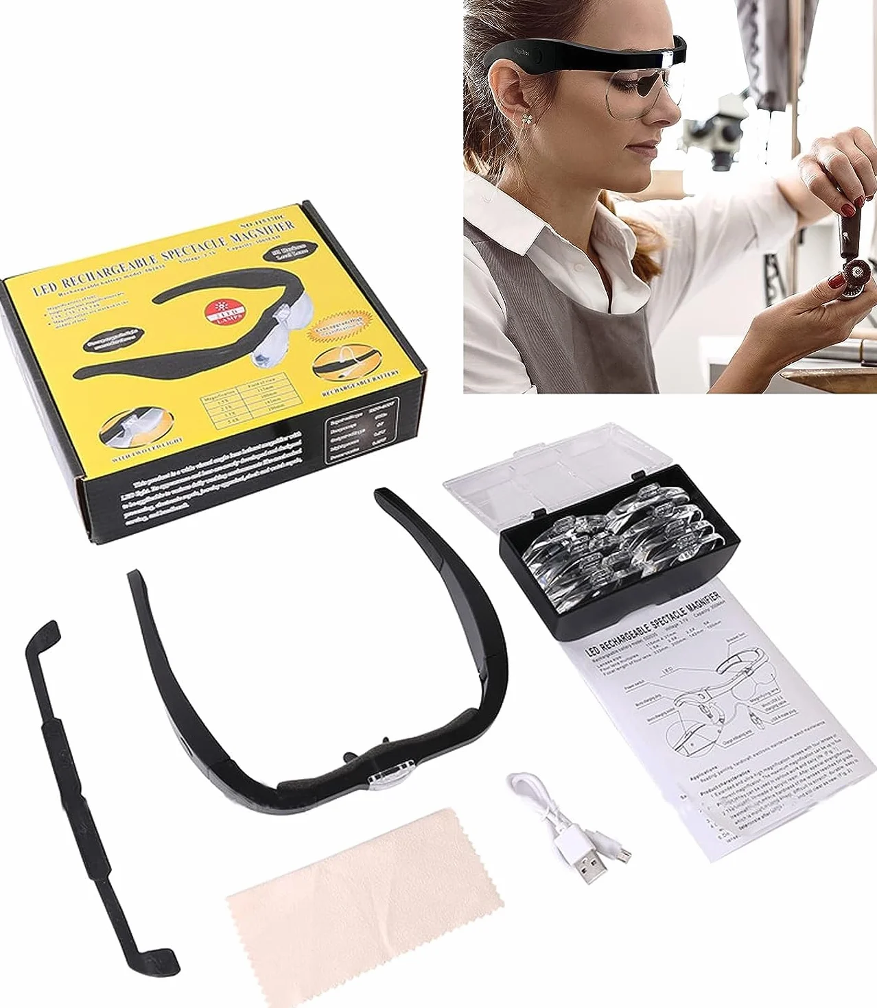 Lente Ingrandimento con Luce LED 5x 3.5x 2.5x 1.5x Ricaricabile USB a Mani Libere