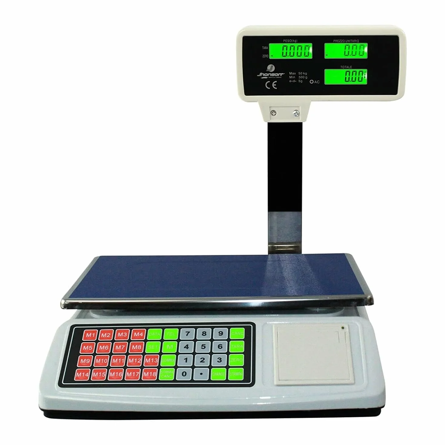 Bilancia da banco Bilza con scontrino elettronica portata 50kg, 6 display LCD retroilluminati, memoria prodotto, stampa ricevuta