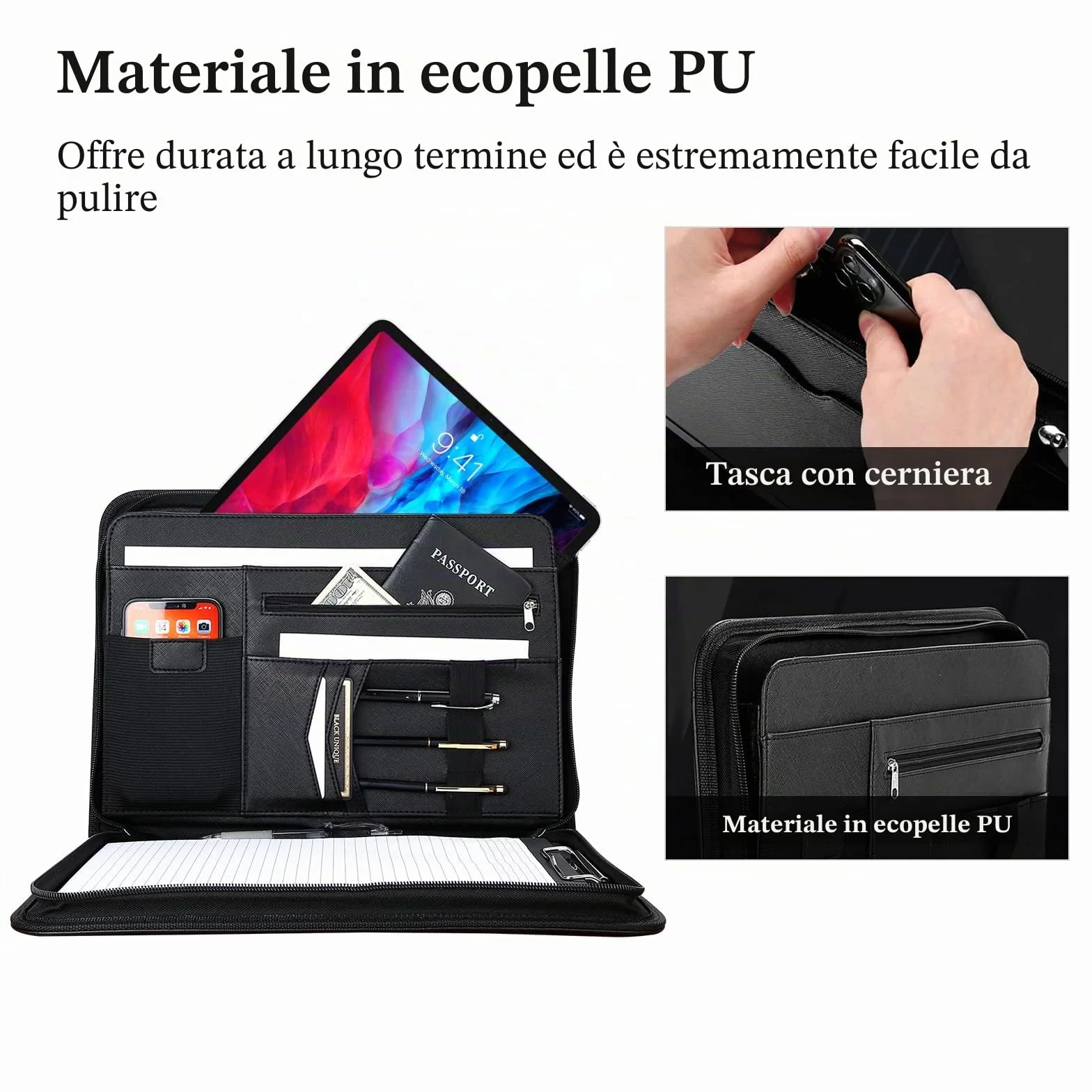 ProCase Portadocumenti A4 Pelle con Multi Tasca Doppia Cerniera Nero per Viaggi Intervista Riunioni