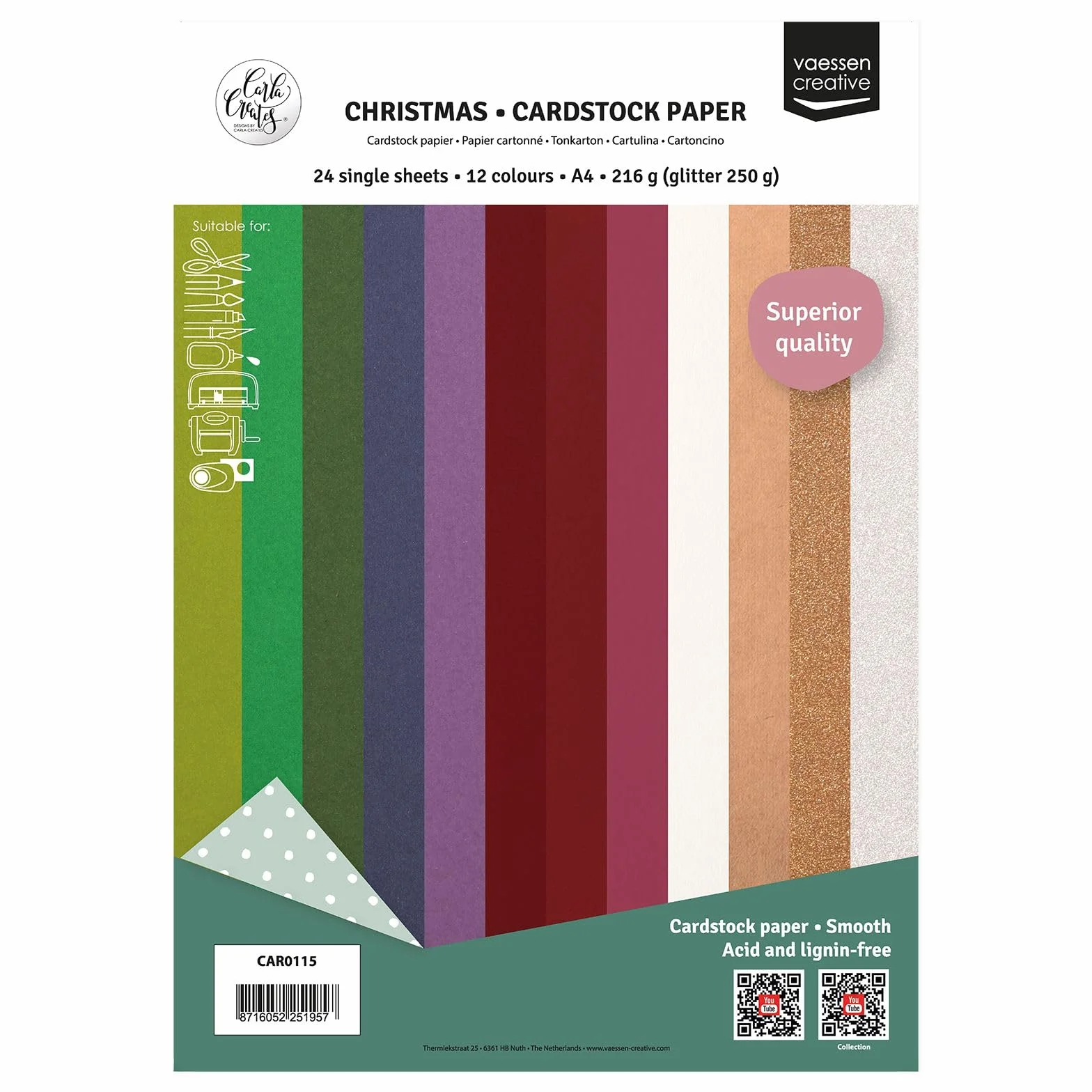 Vaessen Creative Cartoncini Colorati A4 24 Fogli Carta Creativa per Scrapbooking e Fai Da Te