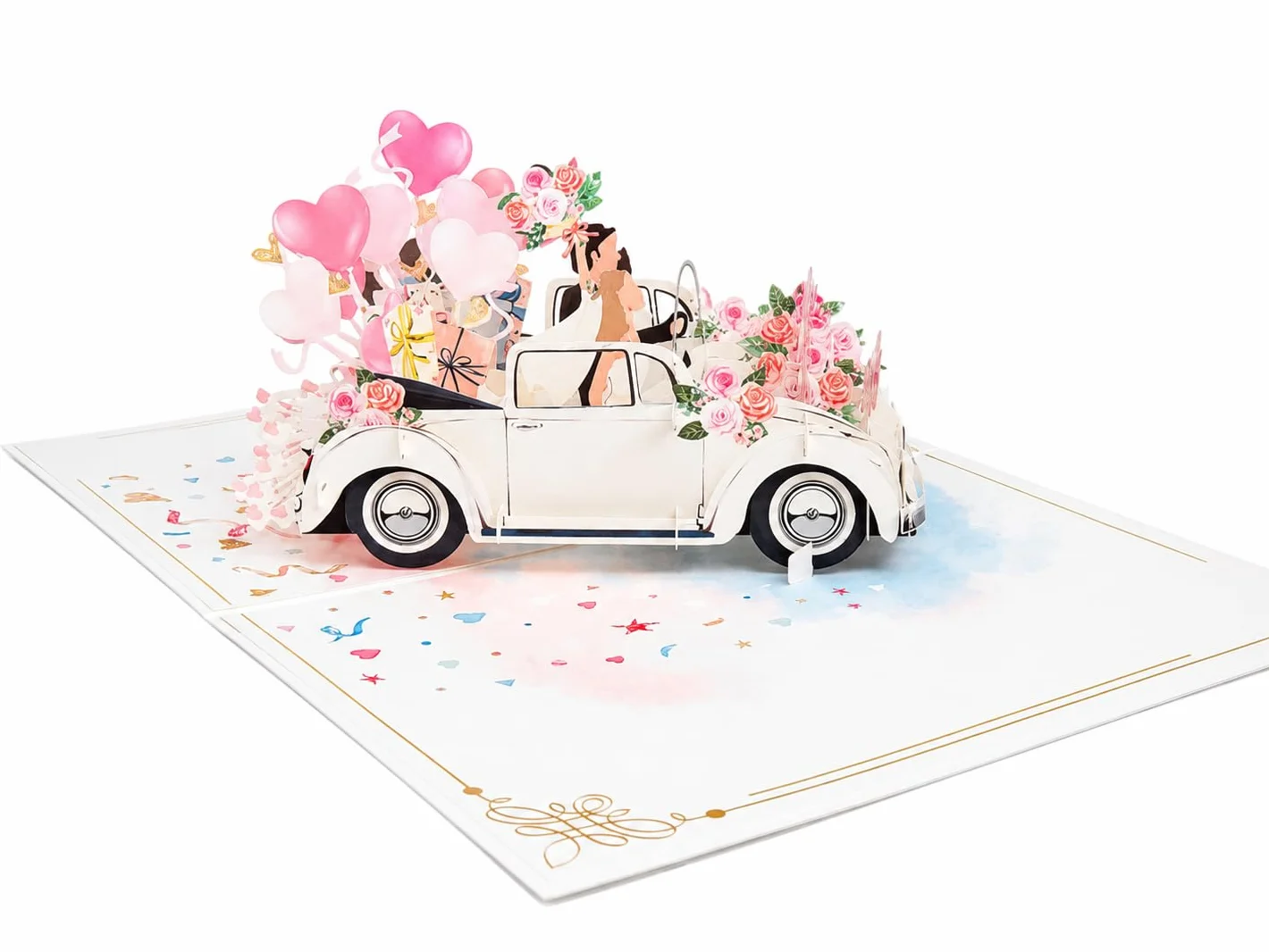 Biglietto di auguri pop-up 3D per matrimonio – Auto con sposi e palloncini – 13 x 18 cm con busta