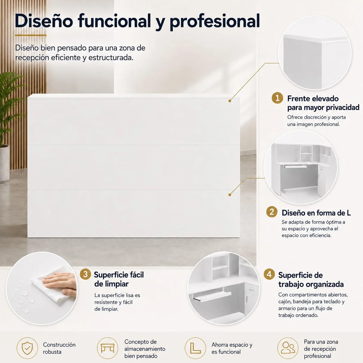 Banco reception, scaffalatura rimovibile, banco reception con 1 cassetto e 1 armadio,banchi di ricezione in MDF, 140 x 80 x 120 cm, bianco