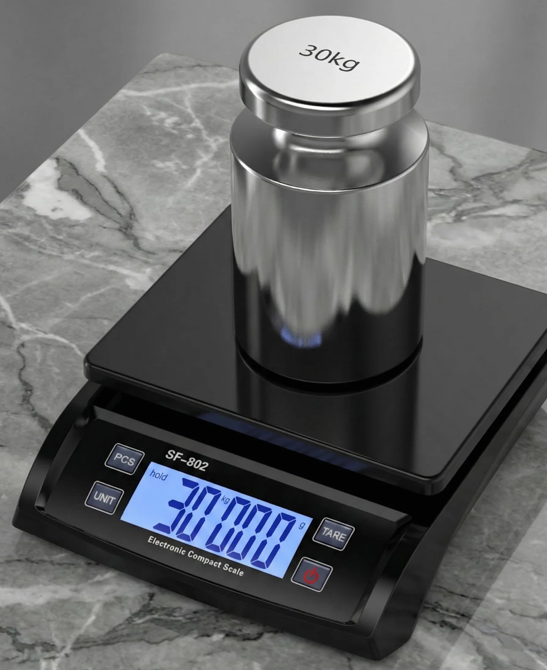 Eosphorus Bilancia Pesapacchi Digitale fino a 30kg, Bilancia Postale di Precisione per Spedizioni e Pacchi, Display LCD, Funzione Tara e Hold, Unità kg/lb, Alimentatore Incluso e Batterie
