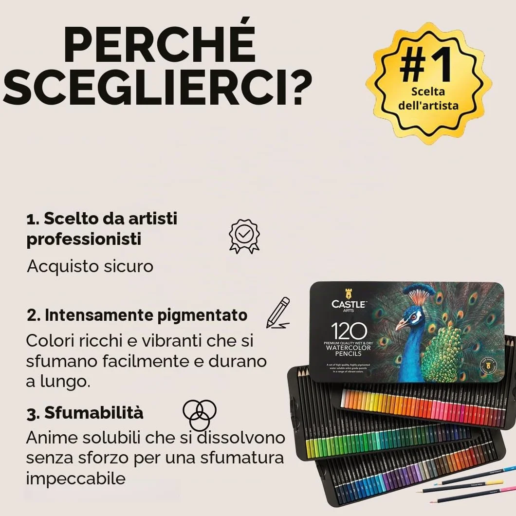 Castle Art Supplies Set di 120 Matite Acquerellabili, Pigmenti Vibranti, Cofanetto di Metallo