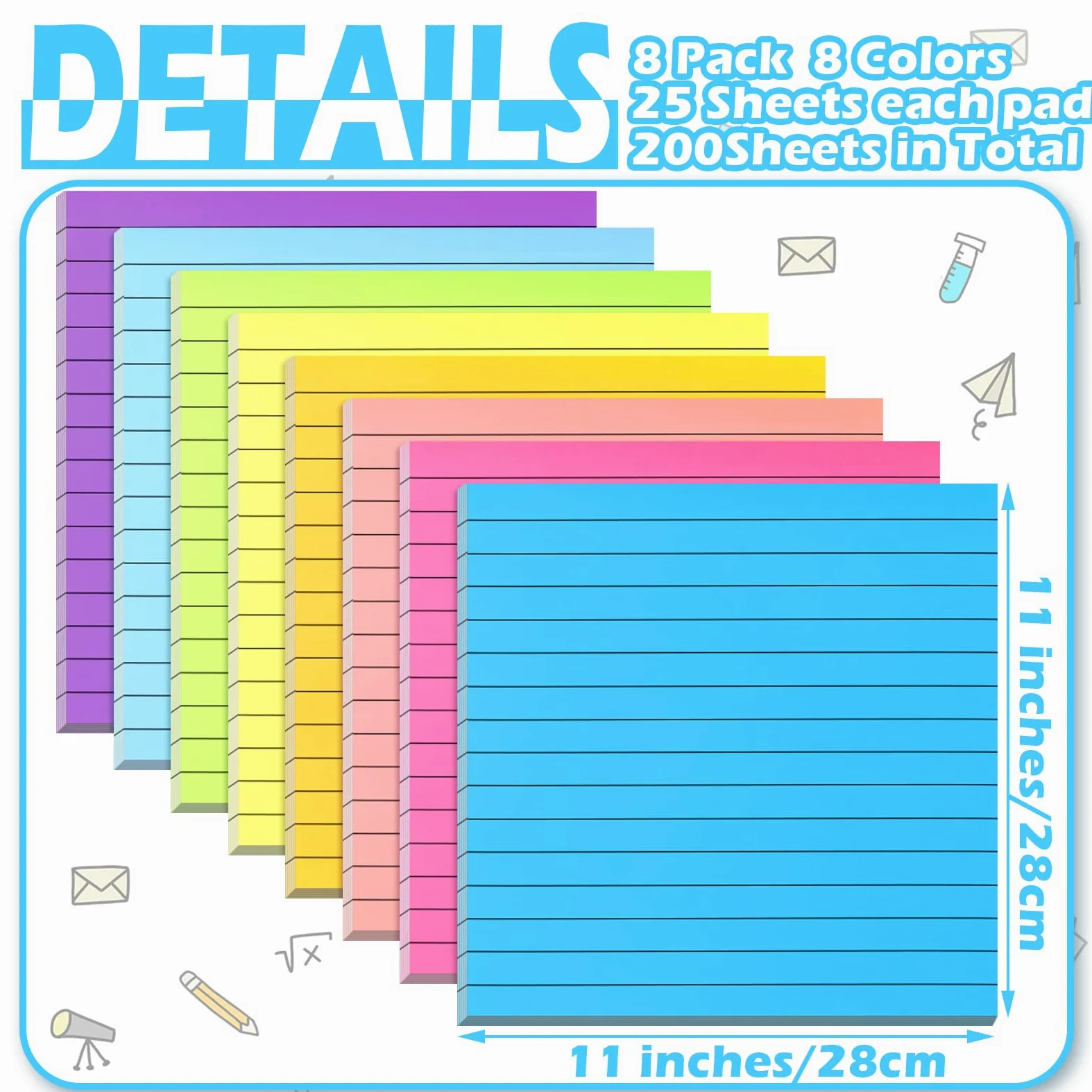 Qeeenar 8 blocchetti di foglietti adesivi grandi, 28 x 28 cm, a righe, grandi, per parete, per ufficio, 25 fogli/blocco (colore vivace)