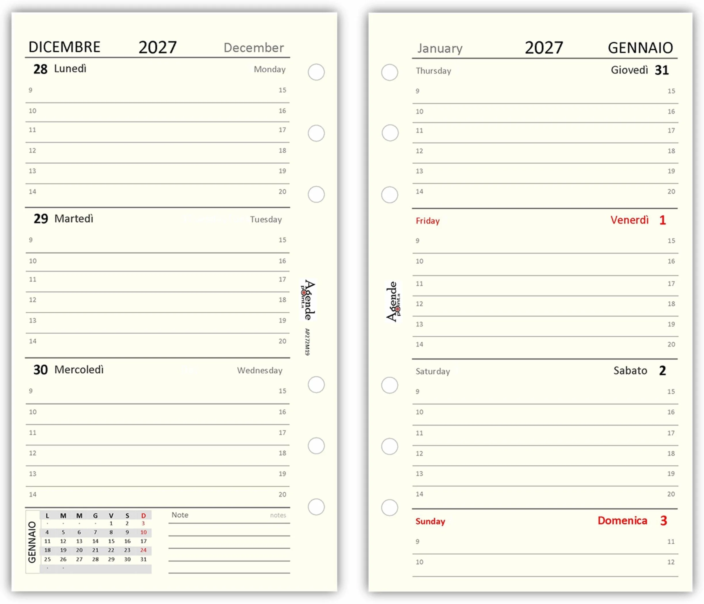 Ricambio Agenda Organizer Settimanale 2027, Bilingue, 9,5x17cm, 90gr, Avorio