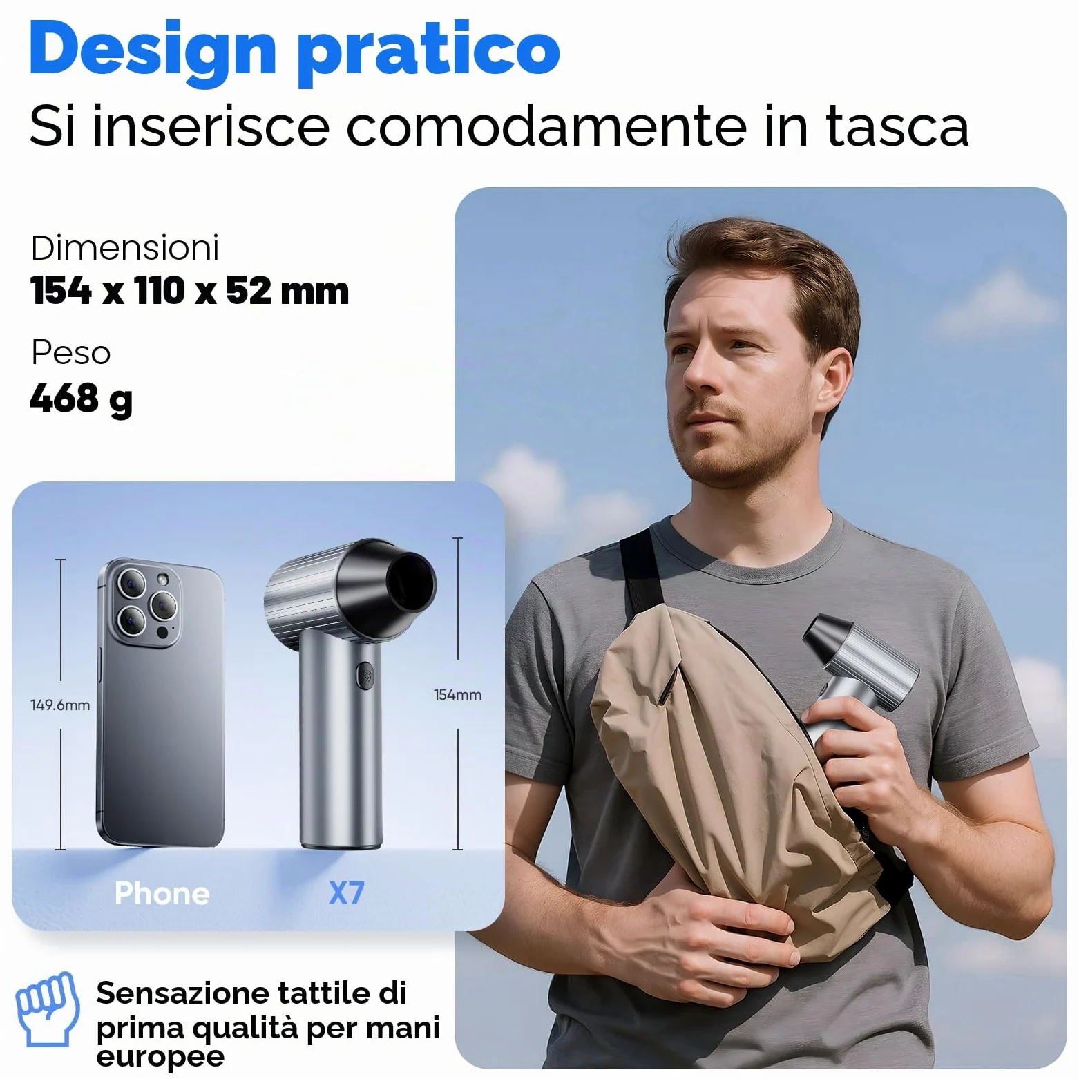 SALCAR X7, Soffiatore di Polvere, Grigio Ventilatore Elettrico Portatile, 3 Velocità con Autonomia Ultra Lunga – Spray ad Aria Elettrica per PC, Auto, Esterni e Casa