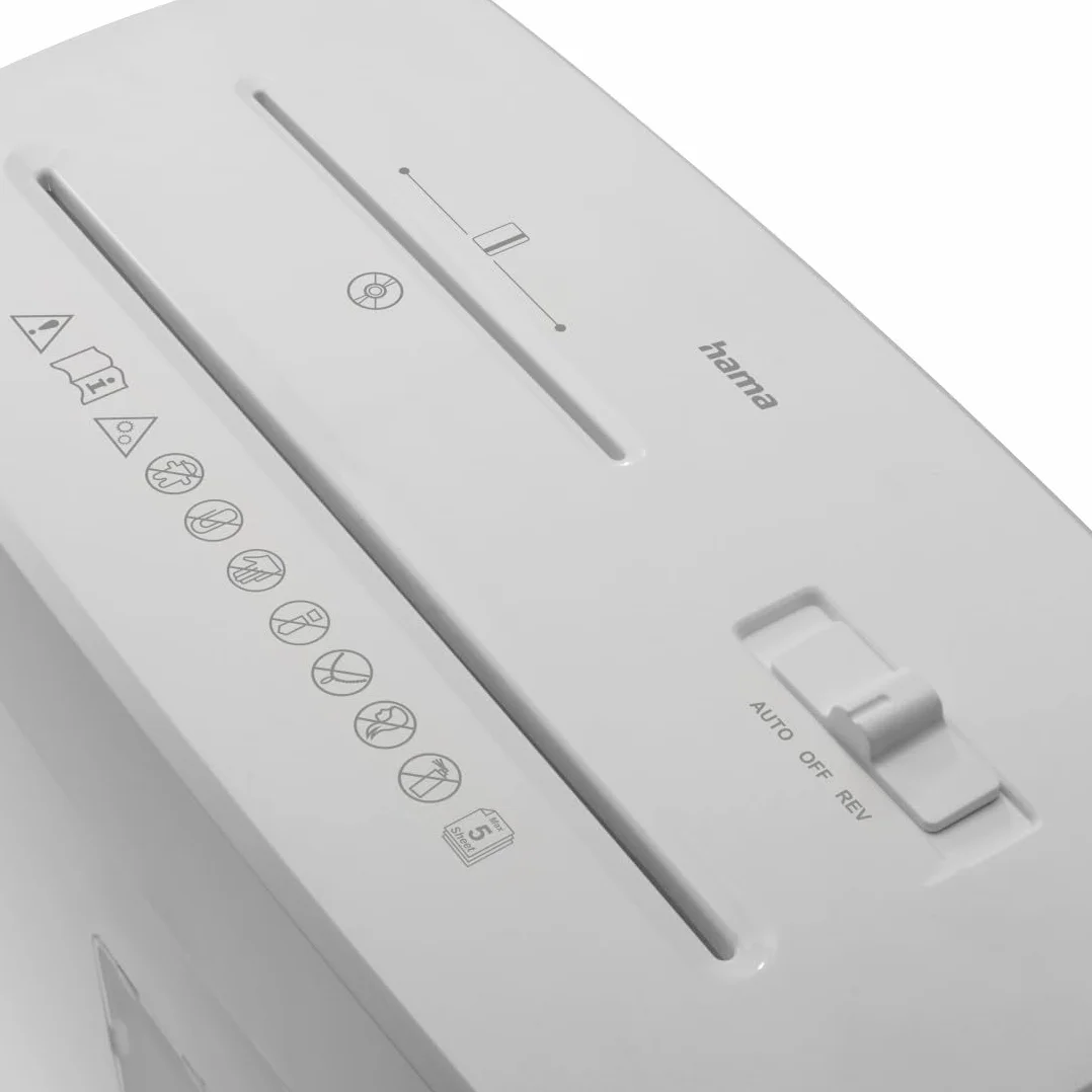 Hama Trituratore Carta Distruggidocumenti Carta DVD Graffette 5 Fogli A4 Lame Acciai Sicurezza Automatica/Off Funzione Ritorno Cestino 13L Sicurezza P5 T2 E2 O1 Bianco
