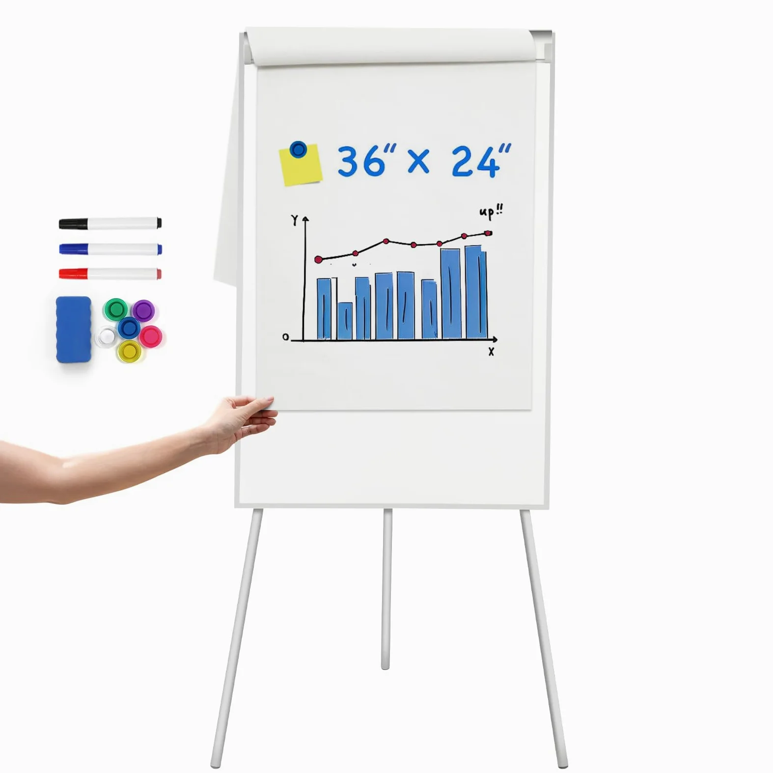 GESTONE Lavagna bianca portatile cancellabile a secco, con supporti, pieghevole, magnetica, lavagna a fogli mobili, per scuola, ufficio e casa (91 x 61 cm, bianco)