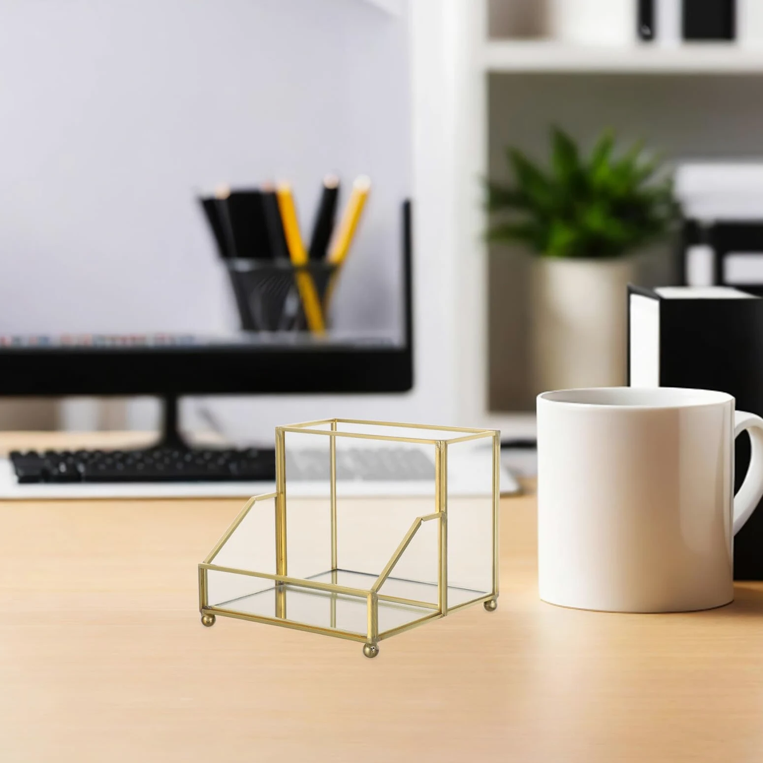PLAFOPE Porta Biglietti da Visita Dorato con Elegante Organizer da Scrivania Multifunzione per Ufficio Supporto Compatto per Biglietti Standard Custodia Salvaspazio per Incontri e Riunioni