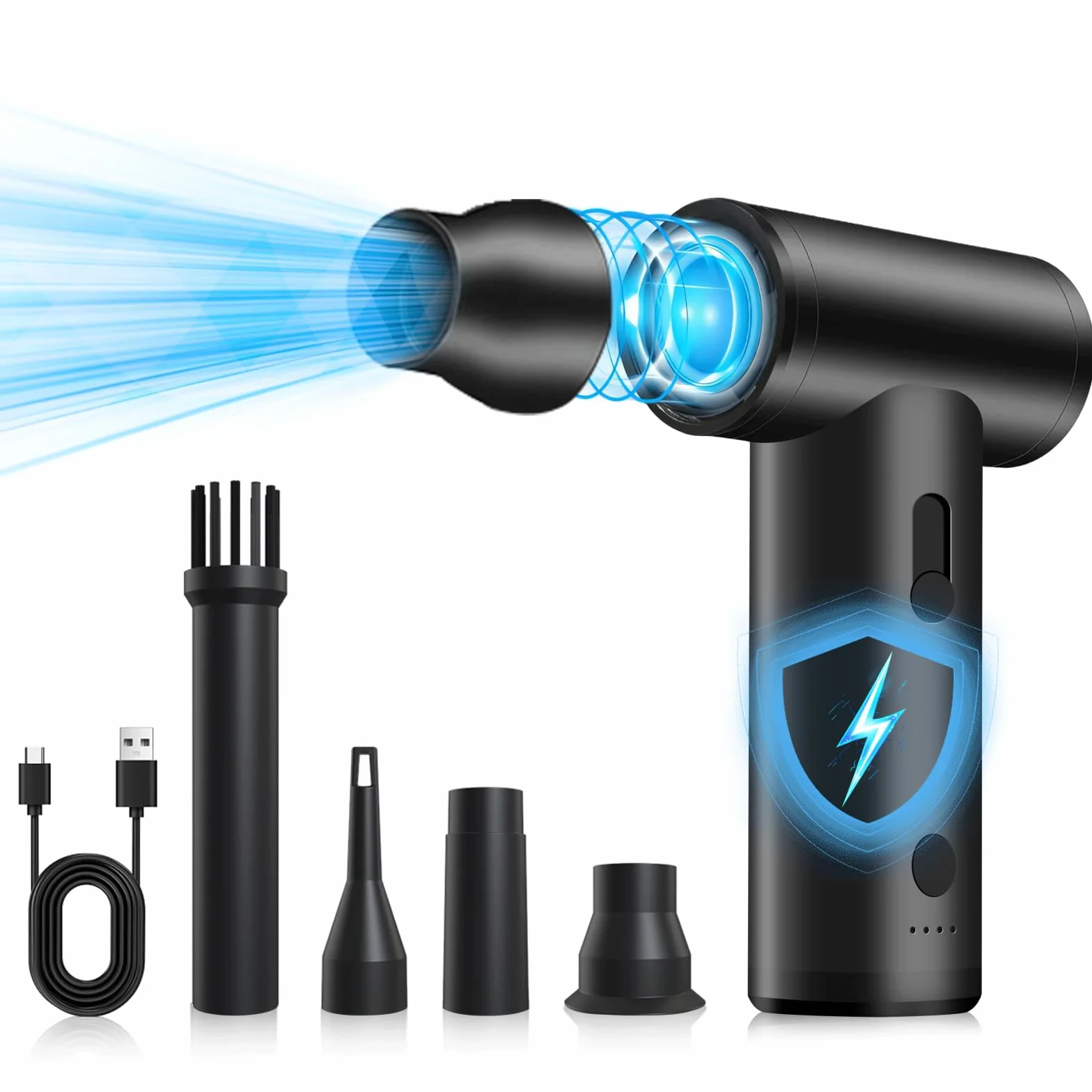 MERTTURM Soffiatore ad Aria Compresso Elettrico Portatile, Aspiraportatile-Velocità Regolabile, Motore Brushless Ricaricabile 120000RPM-Ventola Potente e Resistente per PC/Tastiere/Auto/Casa/Esterno