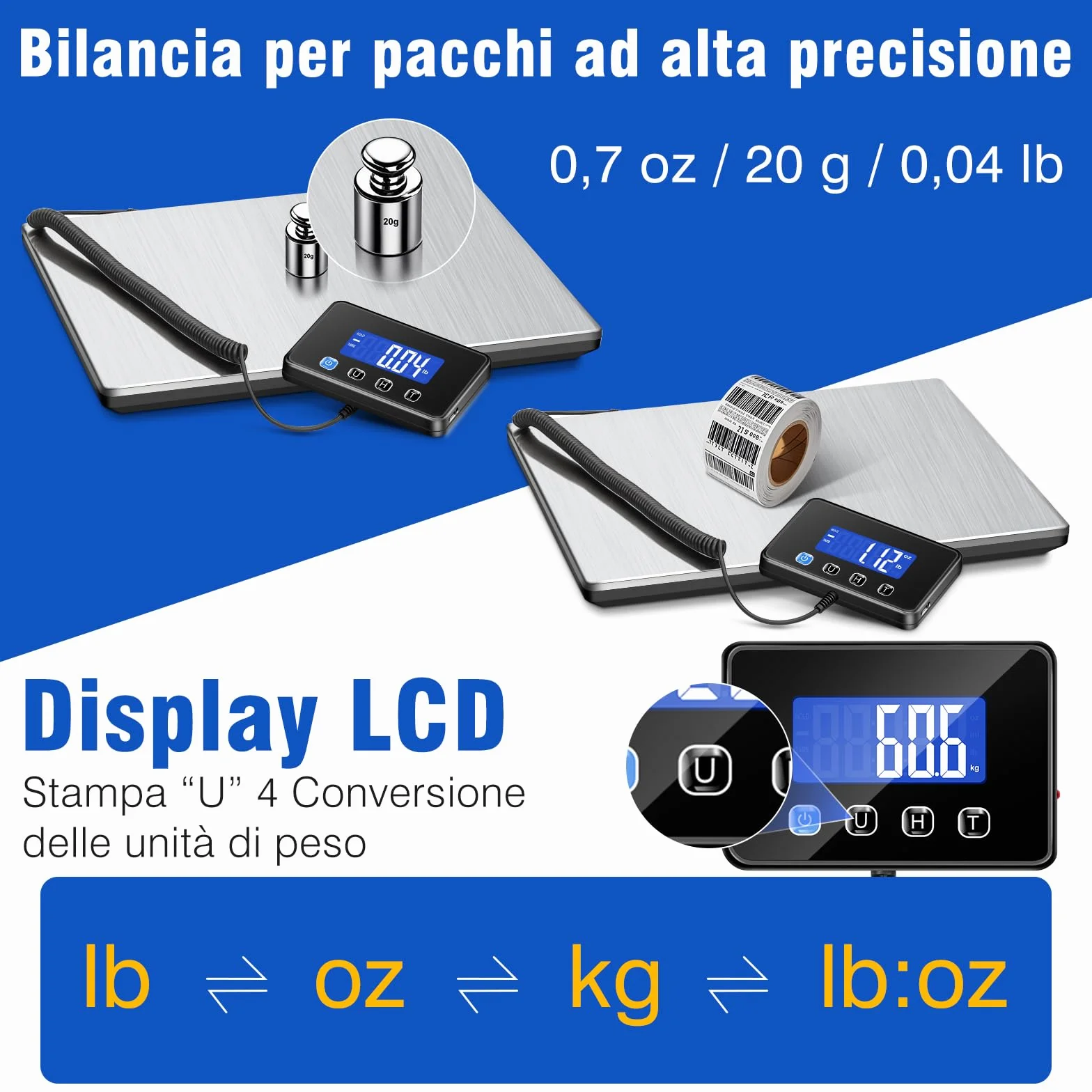 Bilancia Pesa Pacchi 300kg 20g Profesjonalna LCD Tara Hold USB