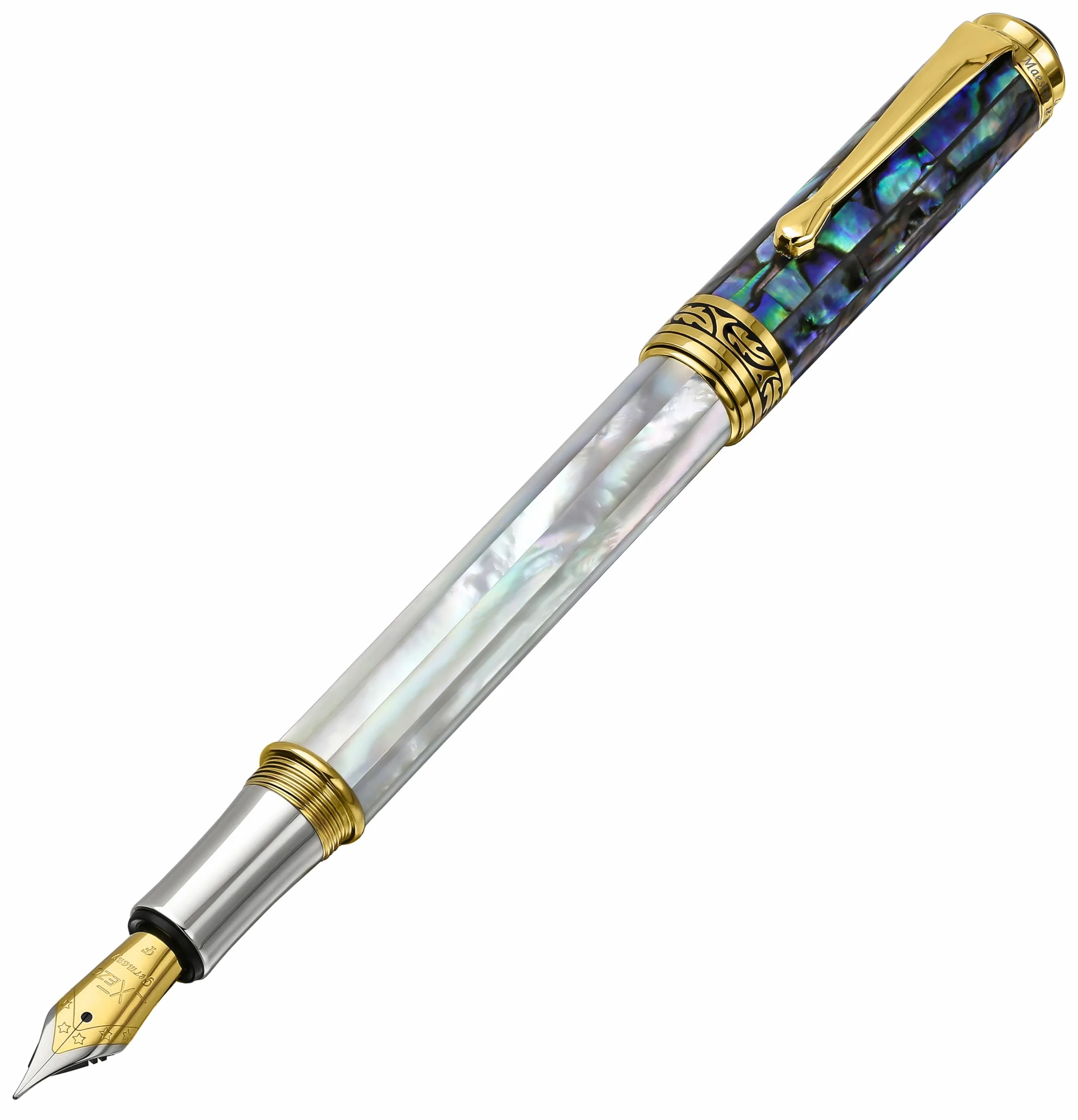 Xezo Penna stilografica Maestro, punta fine. Conchiglia madreperla bianca e conchiglia marina pāua di origine oceanica. Placcatura in oro 18 carati e platino puro. Unicità di design.