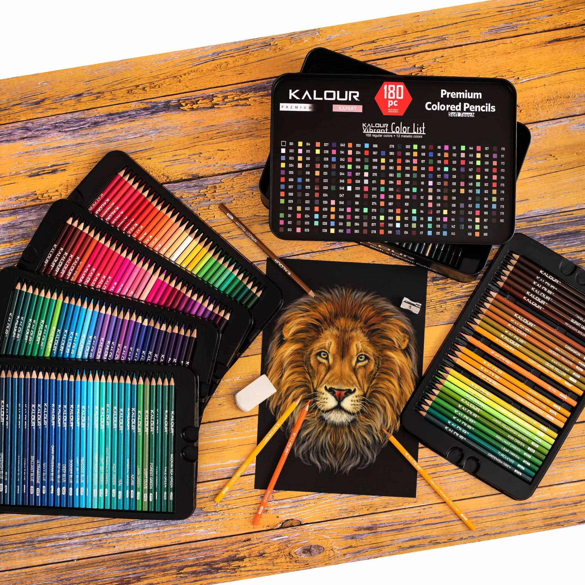 KALOUR Set di 180 matite colorate per adulti e artisti ricco pigmento a base di 12 matite metalliche a base di cera ideale per colorare disegni schizzi sfumature colori vivaci in astuccio di latta
