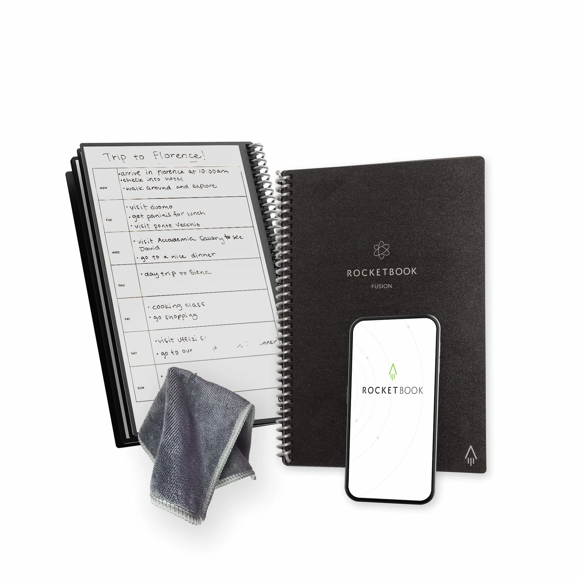 Rocketbook Fusion - Planner riutilizzabile per la produttività non datato, formato 15 cm x 22,4 cm, nero - obiettivi, mensili e settimanali, lista giornaliera, pagine a righe e a pois