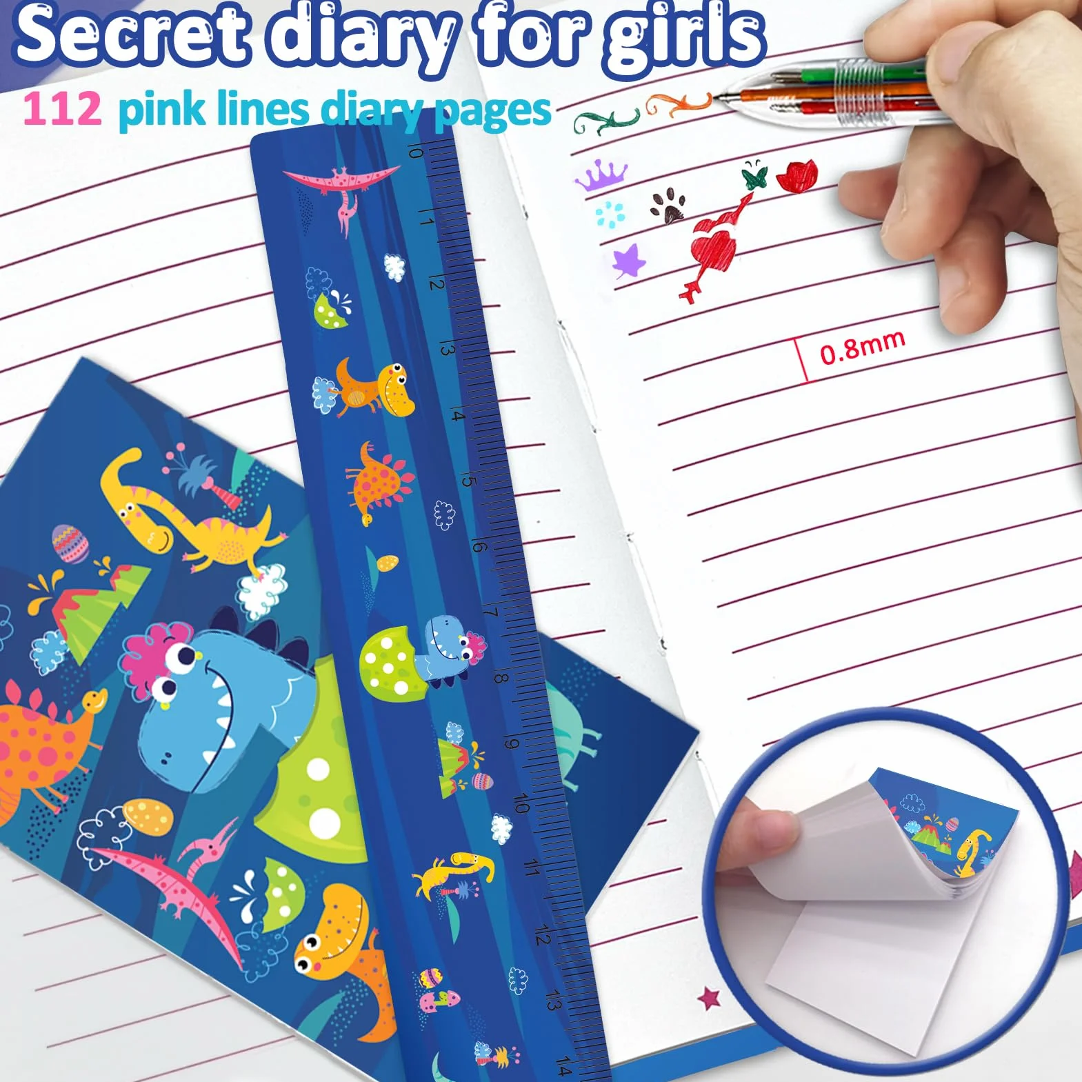 Zestaw Diario Segreto Bambino Blu Dinosauro z Lucchetto, Penna 6 Kolorów, Mini Notes, Righello, Temperamatite dla Dzieci 6-10 Lat