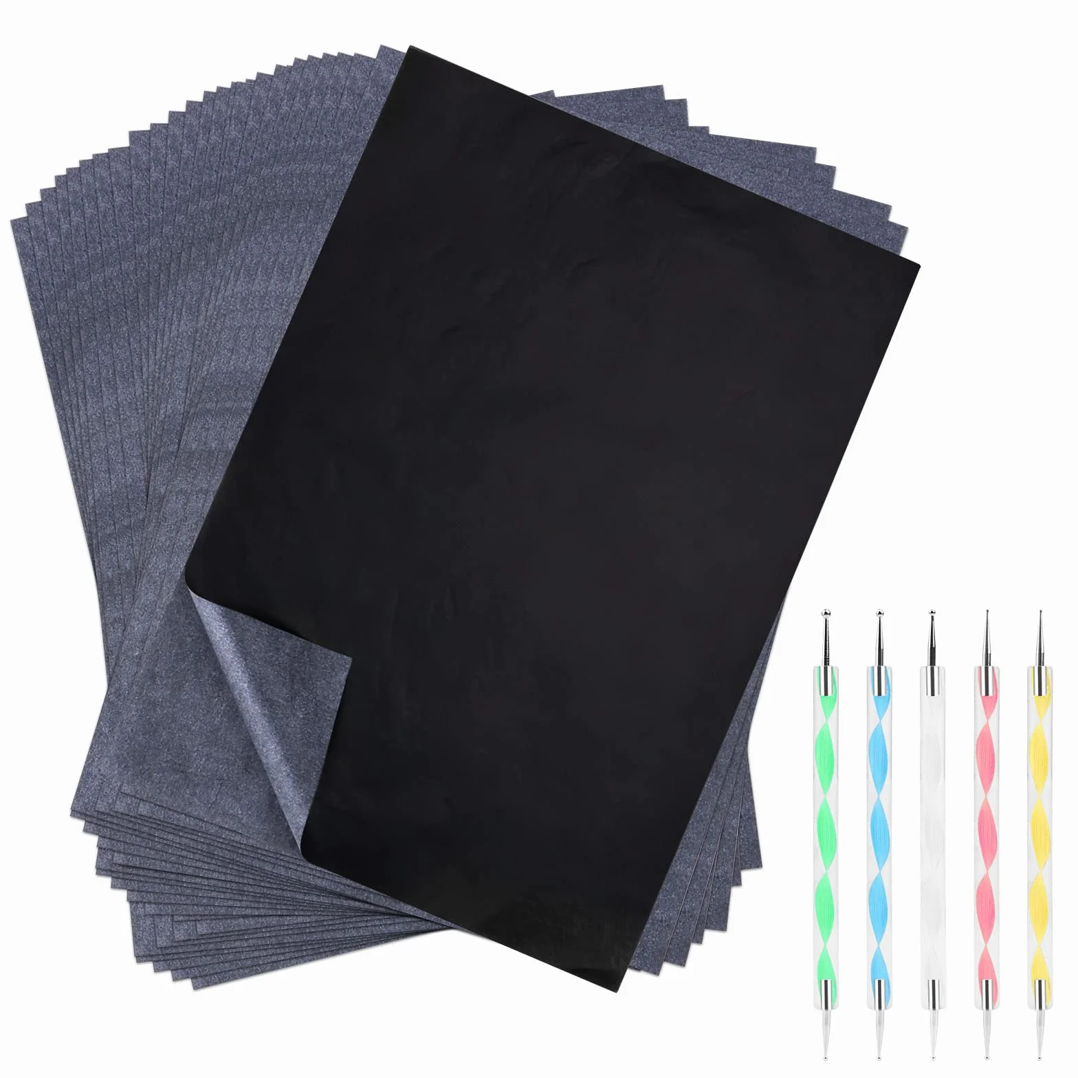 Carta Carbone Nera per Tessuti e Disegno 100 Fogli con 5 Stilo per Goffratura