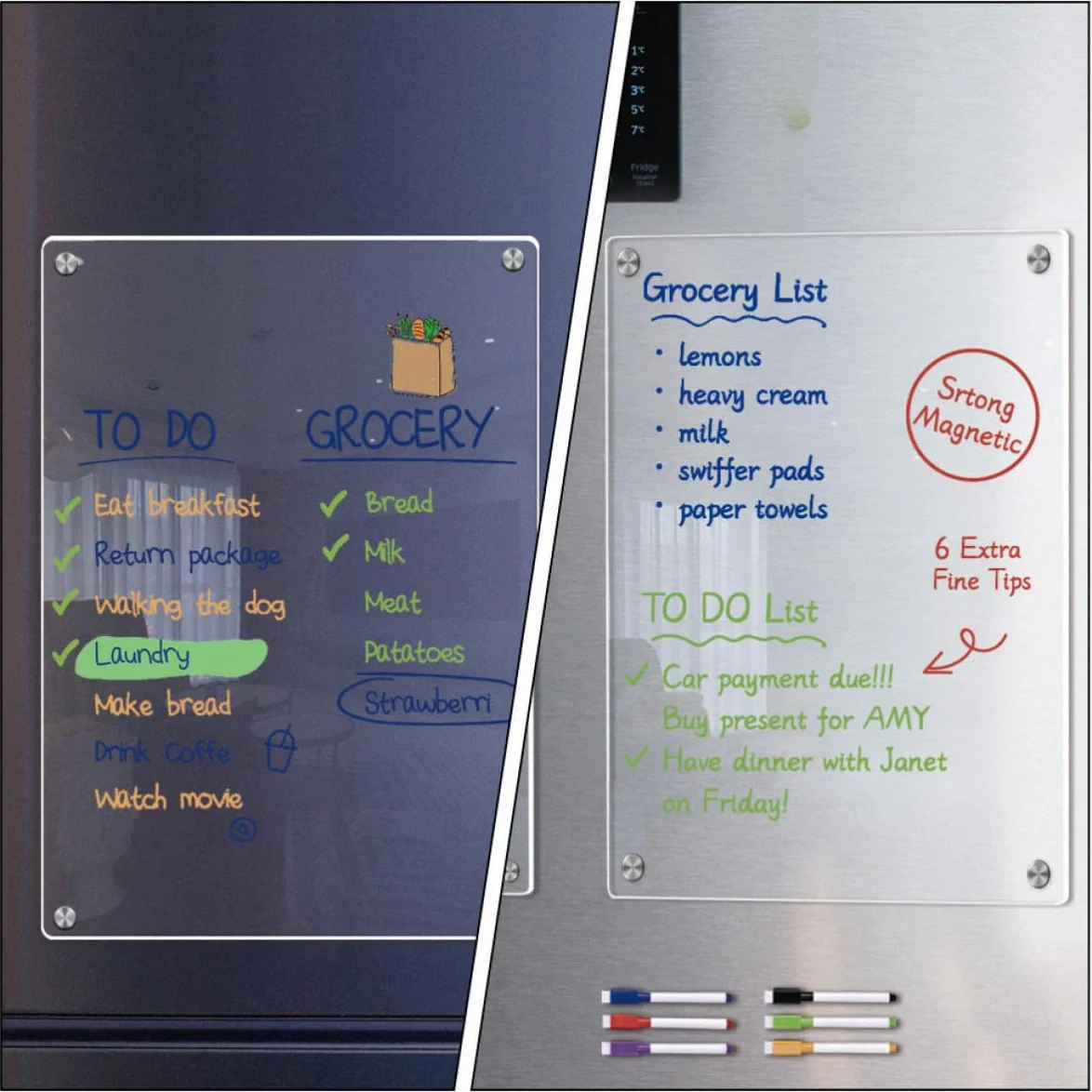 Lavagna da Frigo Magnetica in Acrilico Trasparente Cancellabile Pennarello, Lavagnetta Magnetica per Frigorifero per Cucina e Armadi Metallici