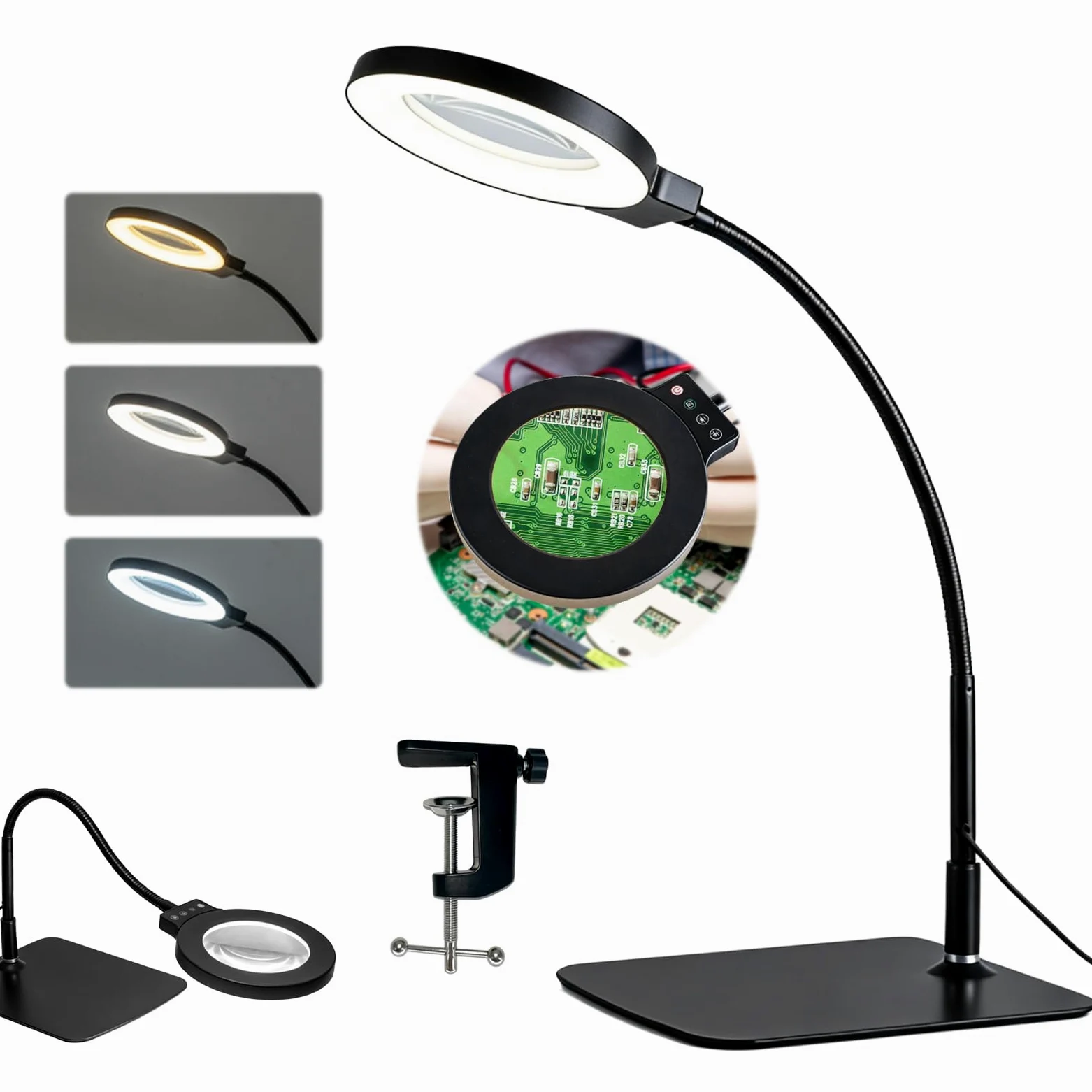 Lente di Ingrandimento con Luce e Supporto, 30X Lampada con Lente di Ingrandimento 72 LED Morsetto 3 Temperature di Colore 5 Livelli di Regolazione Della Luminosità per Lettura Riparazione