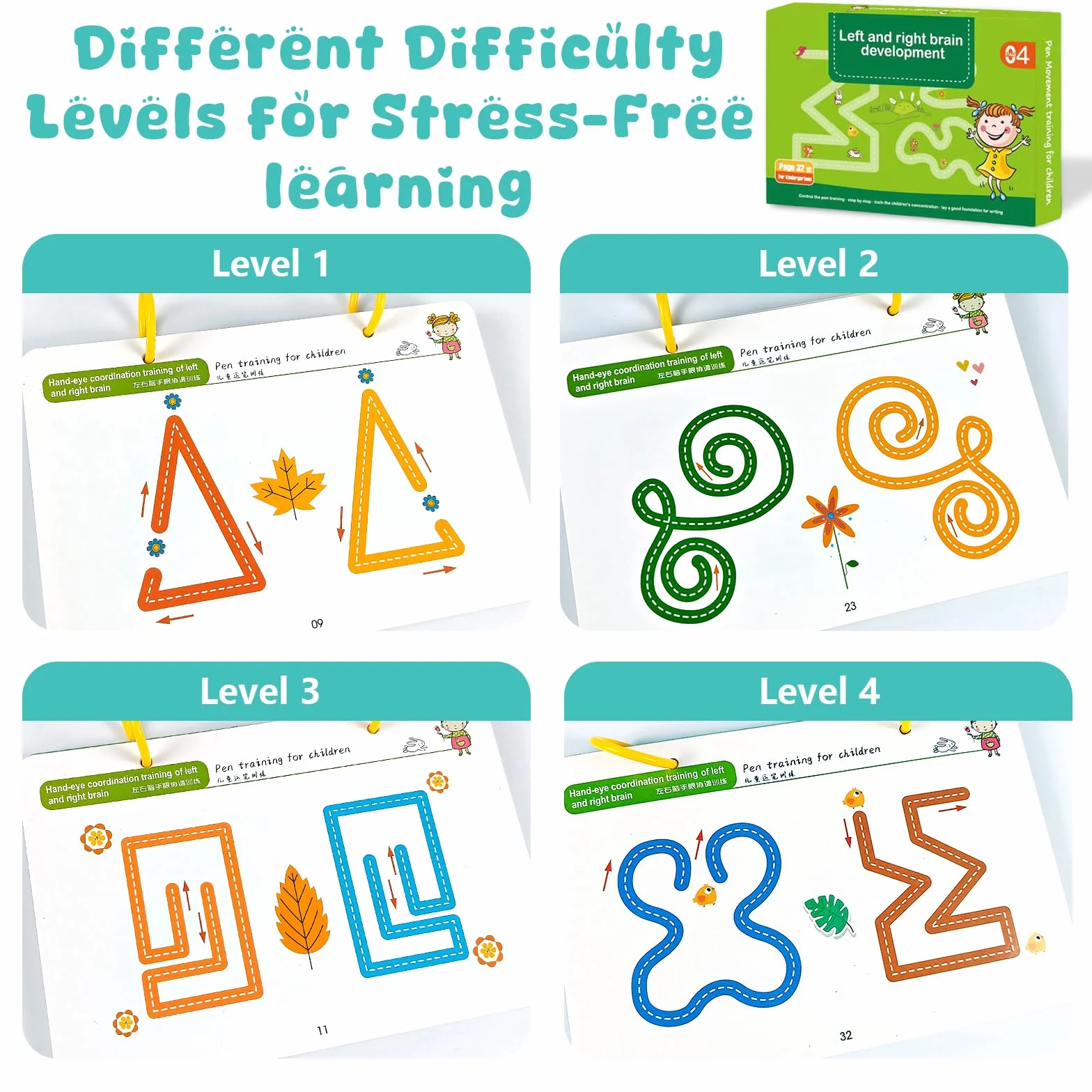 Scribble Smart Workbook Libro per Imparare a Scrivere Cancellabile Pregrafismo Riutilizzabile Prescolare Attività Bambini 3-6 Livello 1+4