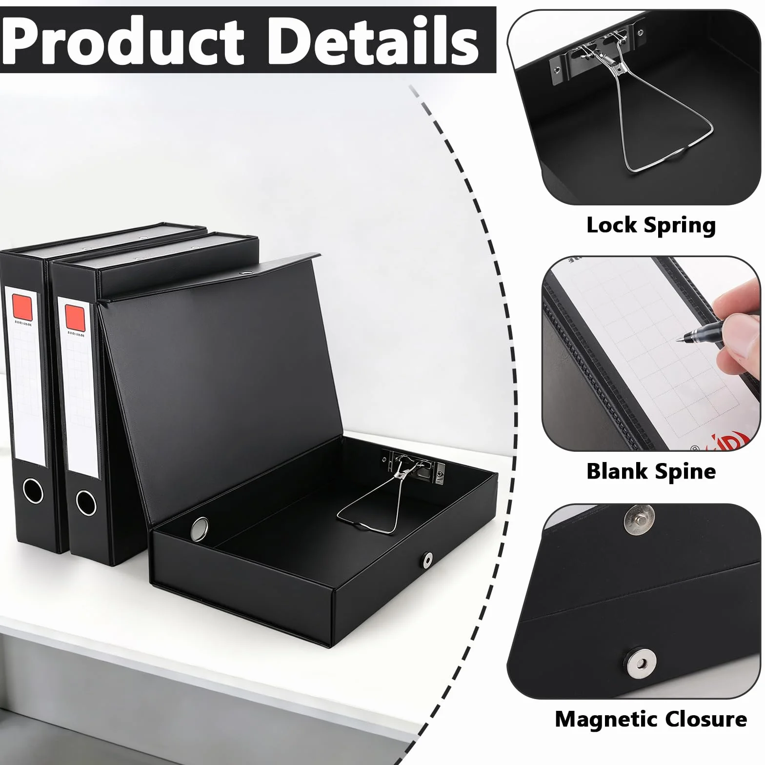 3PCS Black Box File A4, 328x245x68mm Dorso Magnetico Archivio Scatole | Scatole portadocumenti con coperchio e clip interna per documenti