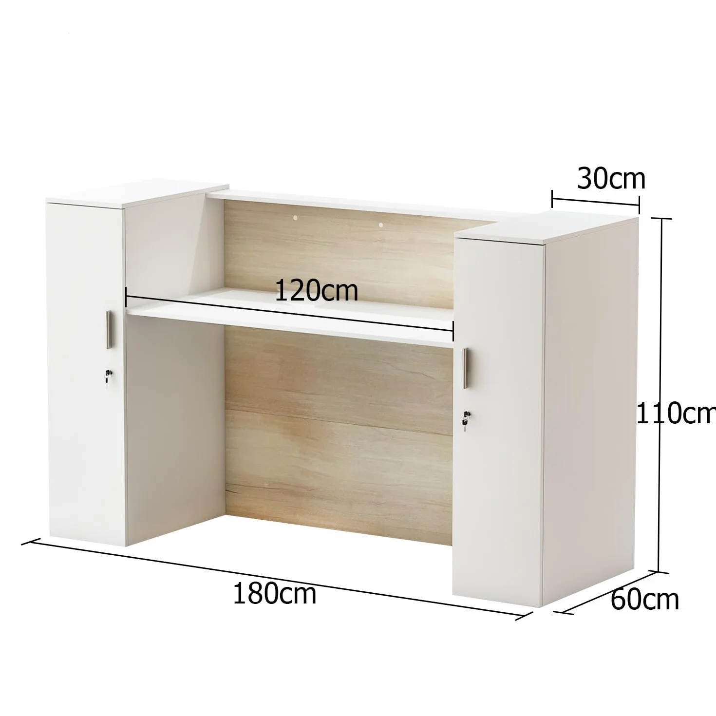 Banco reception, banconi per reception grandi, reception tavolo bancone con ripiani regolabili, banco reception ufficio bancone, colore legno e bianco, 180 X 60 X 110 cm, MDF