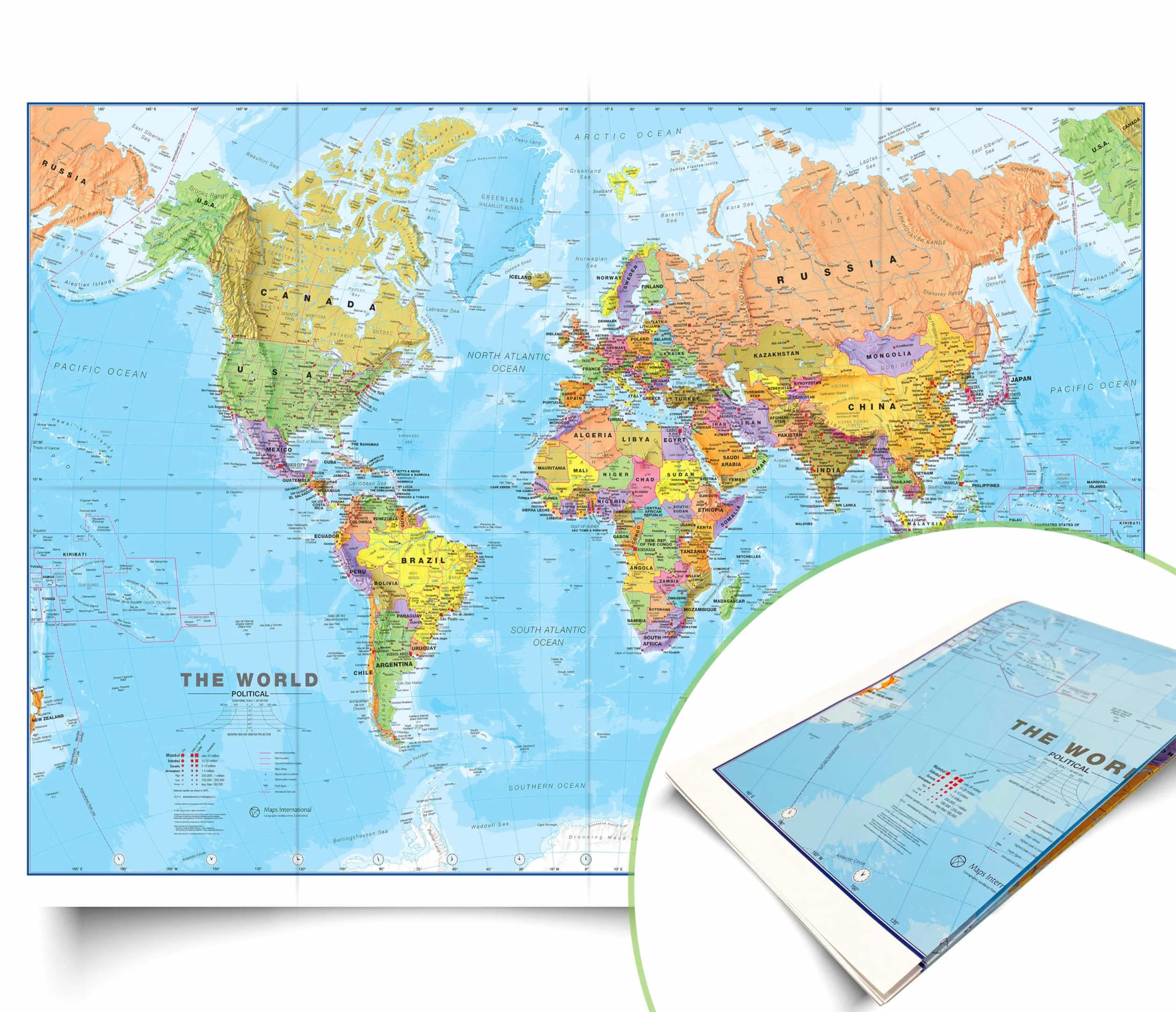 Maps International Mappa del mondo Carta artistica in seta Aggiornato 2026 Formato piegato 84,1x59,4 cm