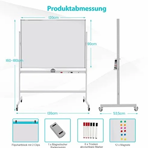 FANTASK Lavagna bianca mobile su entrambi i lati, 120 x 90 cm, con ruote e supporto