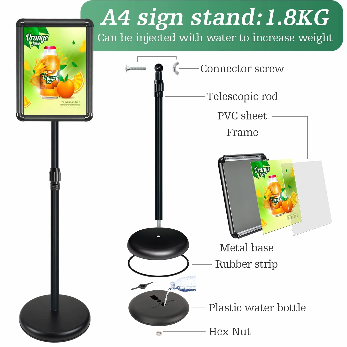 2pcs A4 Supporto Espositore Regolabile Poster Supporto da Pavimento Segno Avviso del Supporto, Il Porta Poster in Alluminio può Sostituire Rapidamente i Poster（nero）