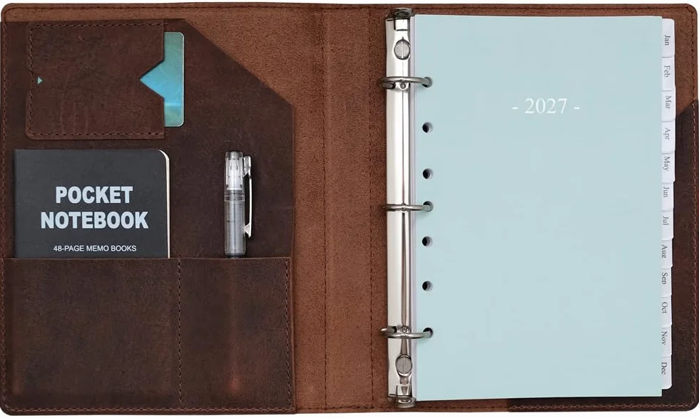 Fan&Ran Agenda 2025 in pelle, 14 x 21,6 cm, con raccoglitore in pelle a 3 anelli, pagine settimanali e mensili per tutto l'anno, tasche interne, ricaricabile