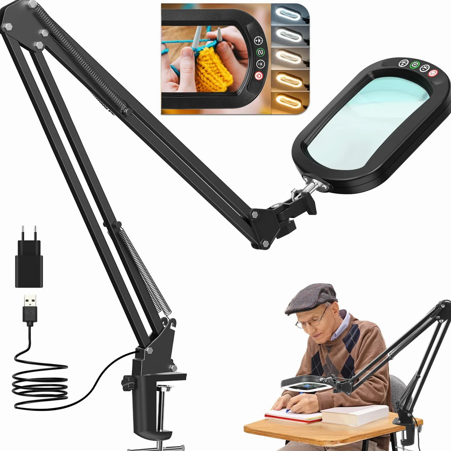 10 X lente di ingrandimento con luce e morsetto, LED in vero vetro con luce e supporto, 5 modalità di colore, dimmerabile, lente d'ingrandimento da lettura per anziani grandi, per artigianato, hobby