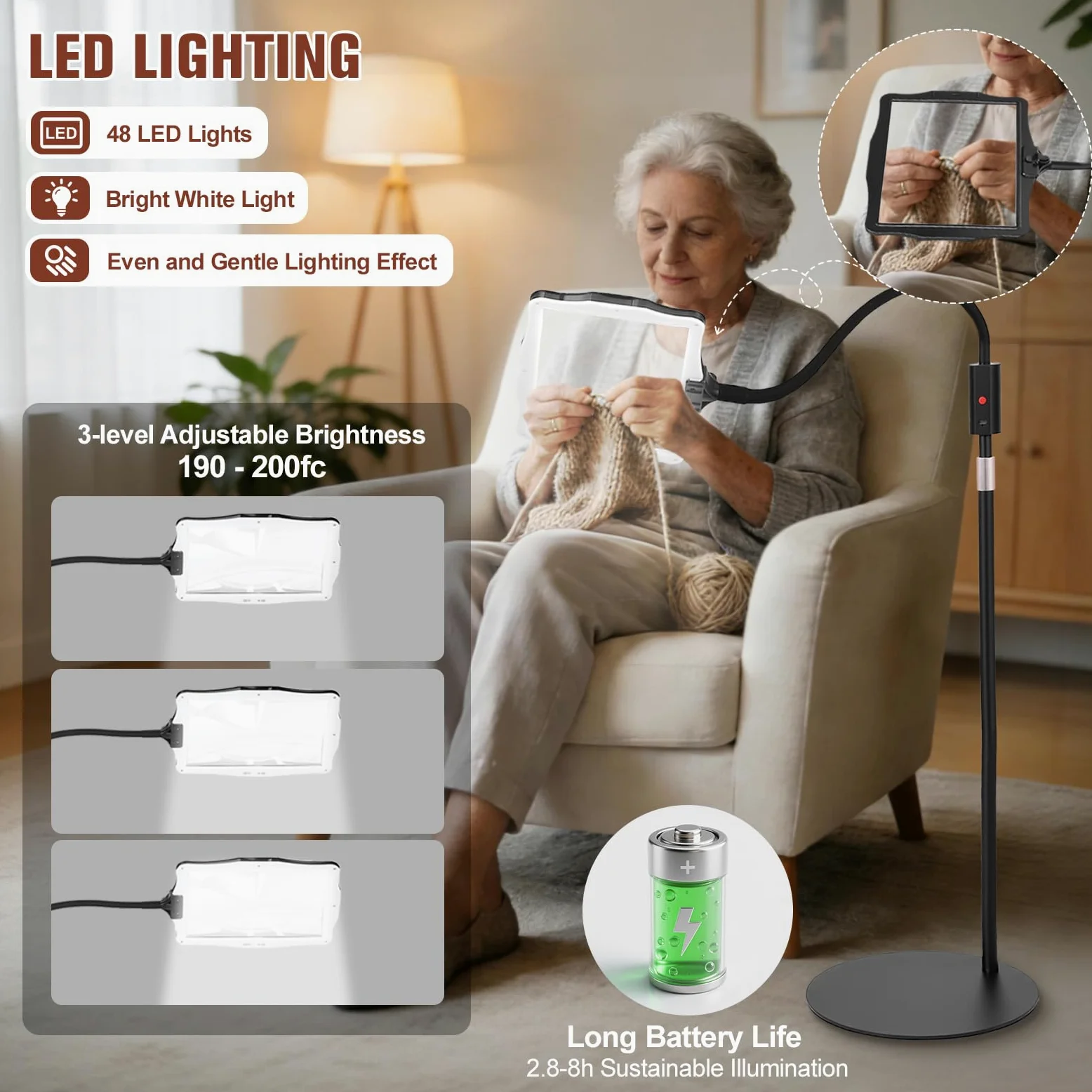 Lente d'ingrandimento 15X con luce, lampada 4 in 1 con 48 lampadine LED, lente d'ingrandimento 15X con luce e supporto, lampada con lente d'ingrandimento 4 in 1 con base con 48 lampadine LED luminose