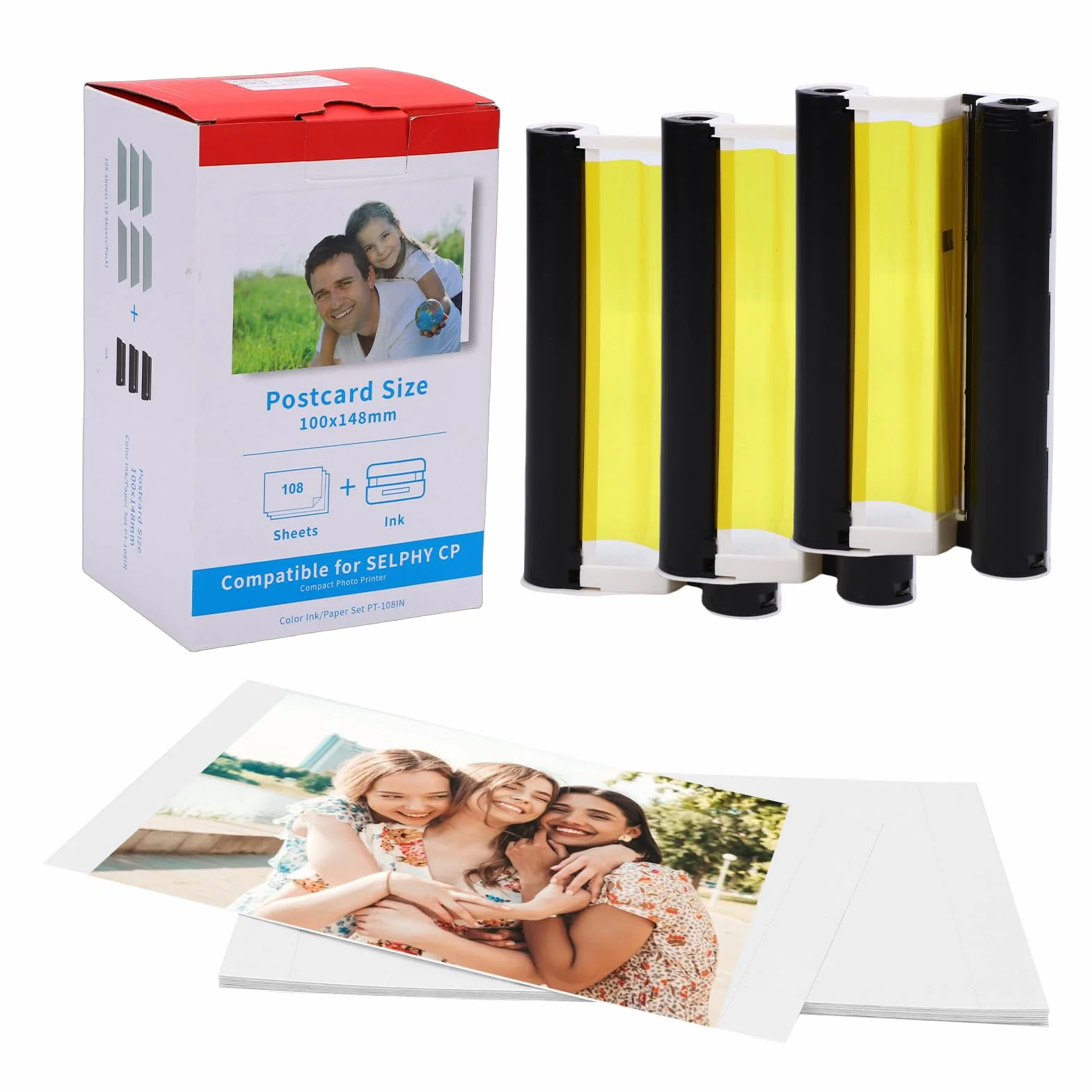 108 fogli di carta fotografica e 3 nastri, carta fotografica lucida 4x6 pollici, laminazione ad asciugatura rapida, stampa a sublimazione, compatibile con CP1300, CP1200