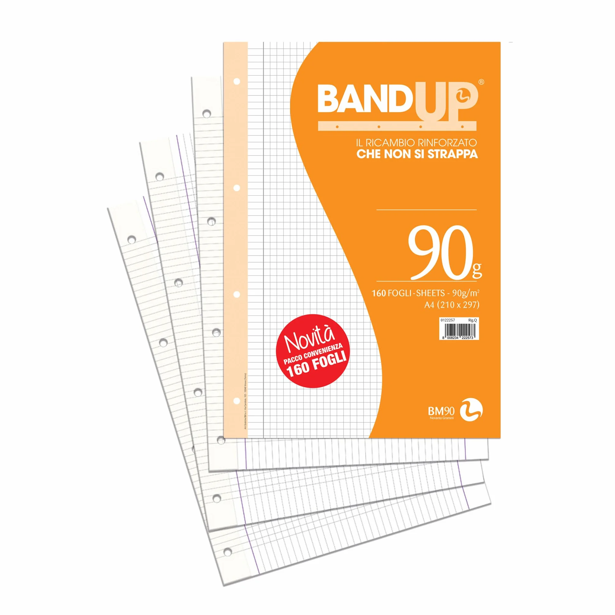 Ricambi Bandup A4 Con Banda Rinforzata Rigatura Q Quadretti 5mm Margini 160 Fogli Carta 90g/mq
