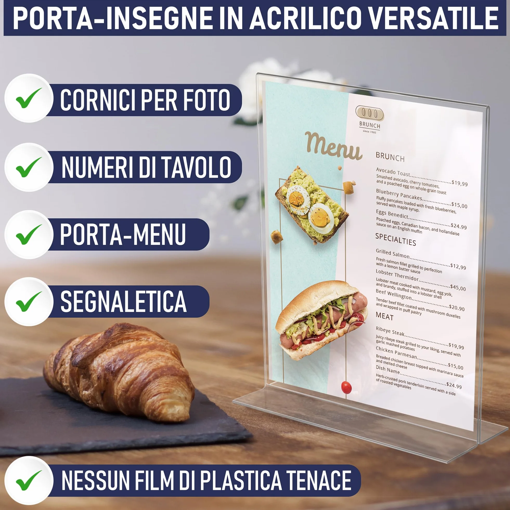 Portacartelli in Acrilico A4 - Porta Avvisi da Tavolo a Forma di T in Acrilico, Fronte-Retro, Caricamento dal Basso, Cornice per Annunci. Perfetto per Ristoranti, Promozioni, Foto, Aula (A4 - 3 Pezzi)