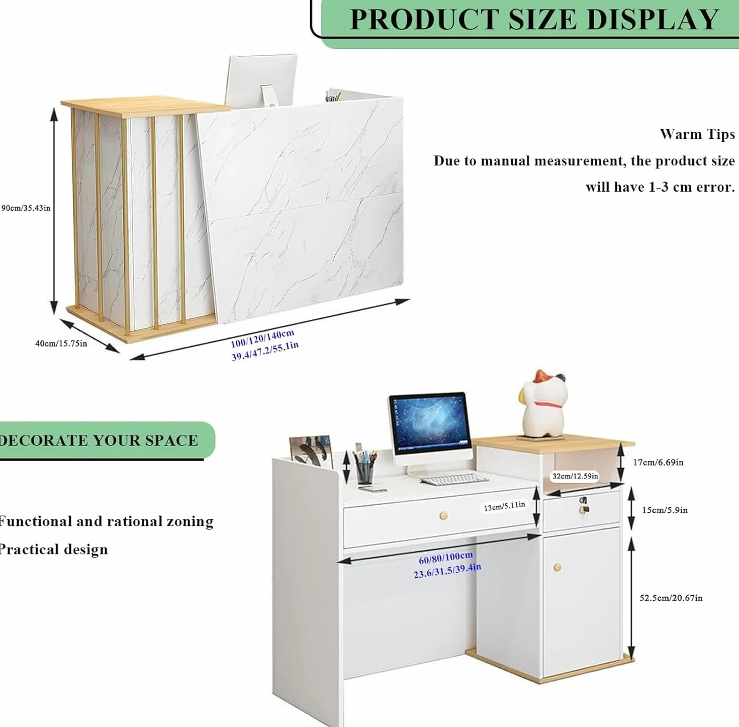 Bancone Reception Multiuso in Legno con 2 Cassetti e 2 Ripiani, Banco Cassa Moderno per Ufficio, Negozio, Salone di Bellezza, Hotel o Supermercato