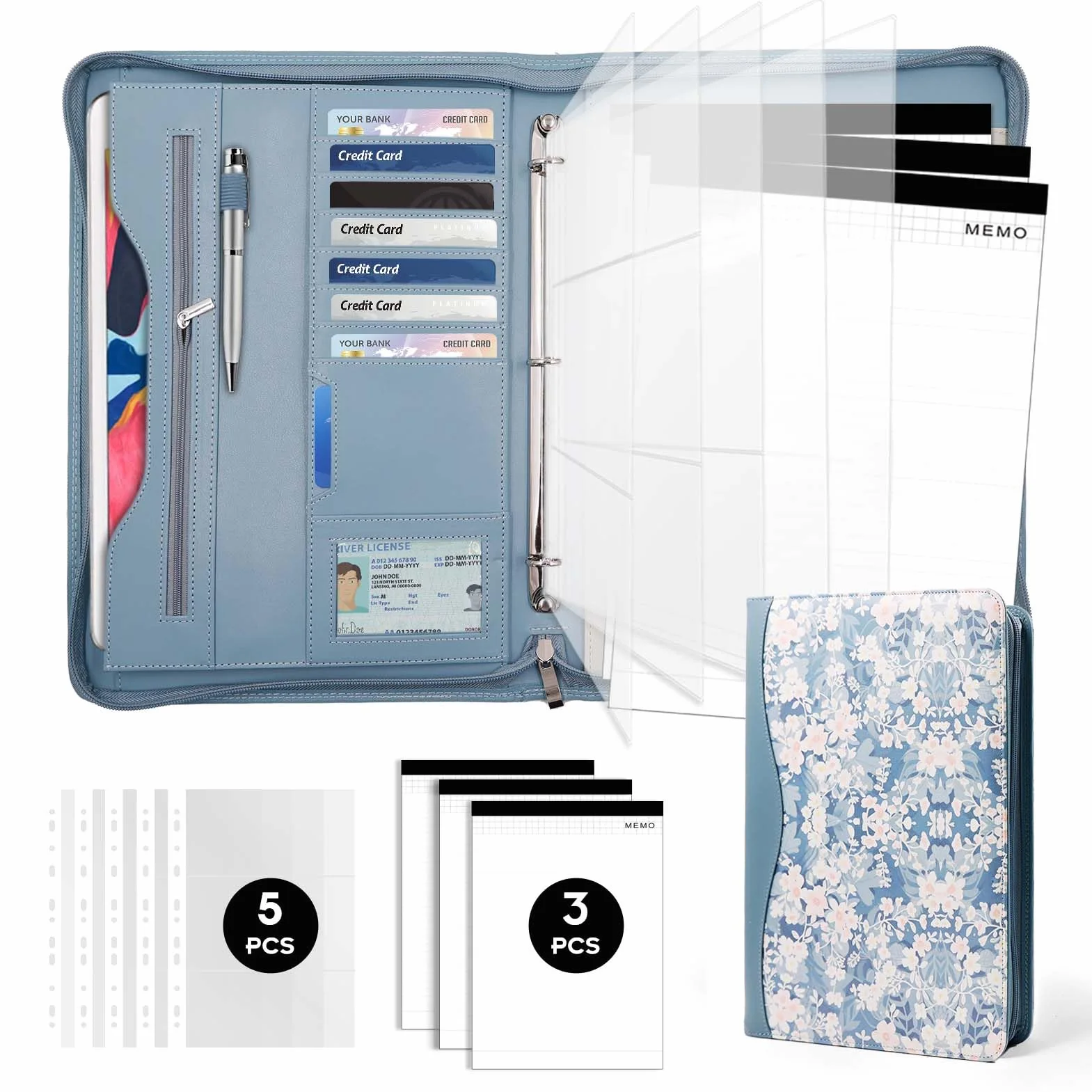 Cartella portadocumenti, organizer con cerniera, per donne e uomini, con tasca per documenti, formato lettera/A4, porta biglietti da visita (fiore blu)